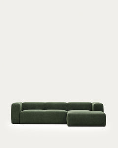 divano a 3 posti <tc>Blok</tc> con chais<tc>elo</tc>Lato destro, ignifugo con ciniglia verde, 300 cm