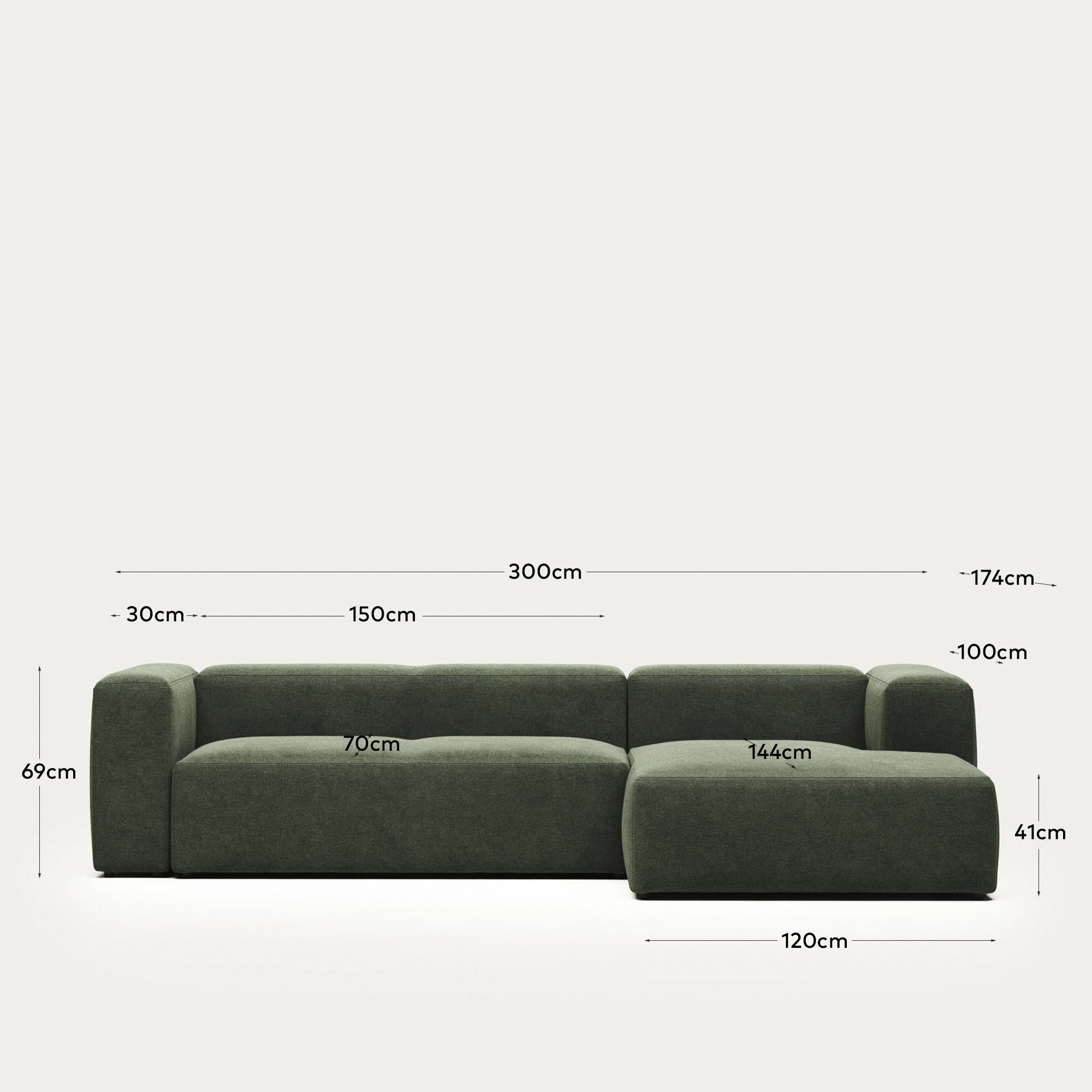 3-Sitzer-Sofa Blok mit Chaiselongue rechts, schwer entflammbar mit grüner Chenille, 300 cm in Grün präsentiert im Onlineshop von KAQTU Design AG. 3er Sofa ist von Kave Home