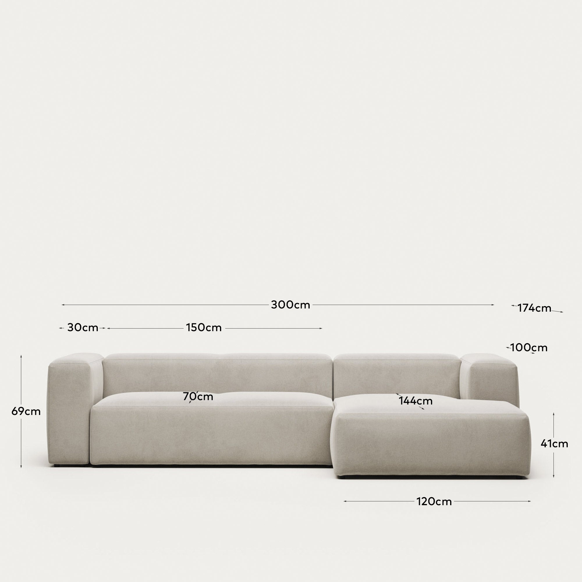 3-Sitzer-Sofa Blok mit Chaiselongue rechts, schwer entflammbar mit weisser Chenille, 300 cm in Grau präsentiert im Onlineshop von KAQTU Design AG. 3er Sofa ist von Kave Home