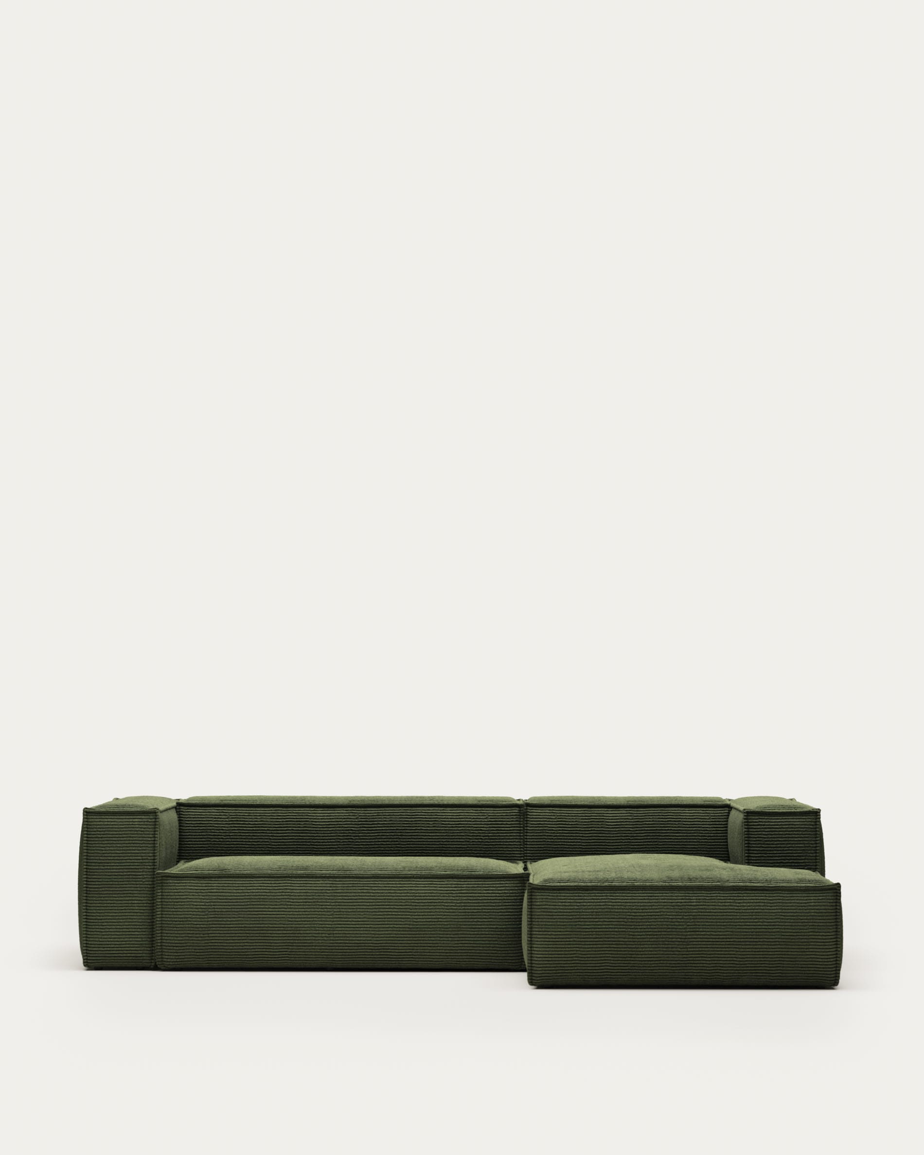 Elegantes Blok 3-Sitzer-Sofa in grünem Cord, 300 cm, mit rechter Chaiselongue. Komfort, Stil & Nachhaltigkeit vereint.