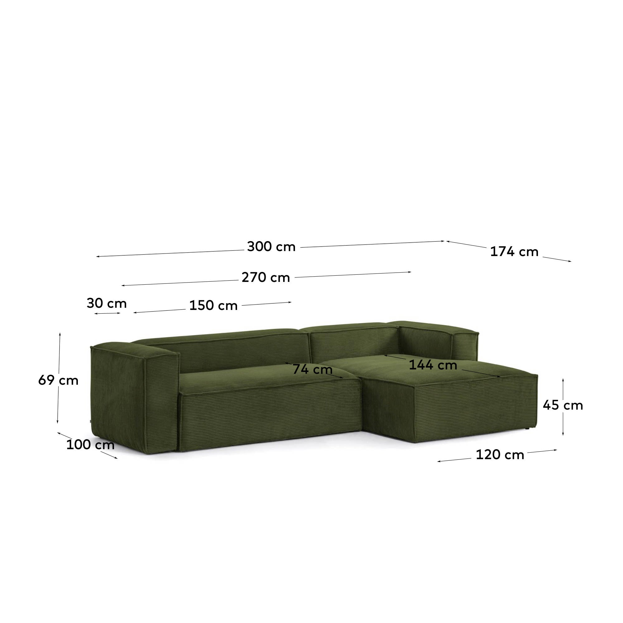 Elegantes 3-Sitzer-Sofa mit rechter Chaiselongue in grünem Cord, 300 cm breit, FSC-zertifiziert für nachhaltigen Komfort.