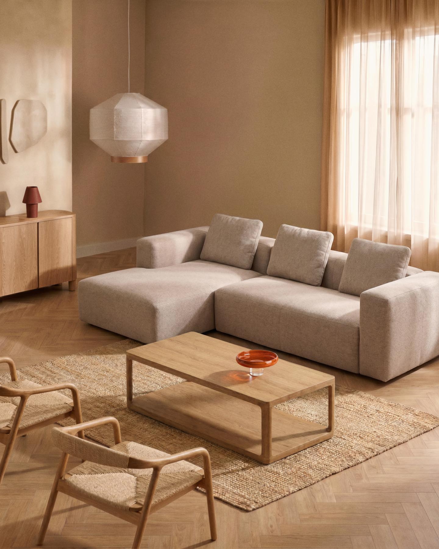 3-Sitzer-Sofa Blok mit Chaiselongue rechts in beiger Chenille, 300 cm, FSC Mix Credit in Beige präsentiert im Onlineshop von KAQTU Design AG. L-Sofa rechts ist von Kave Home
