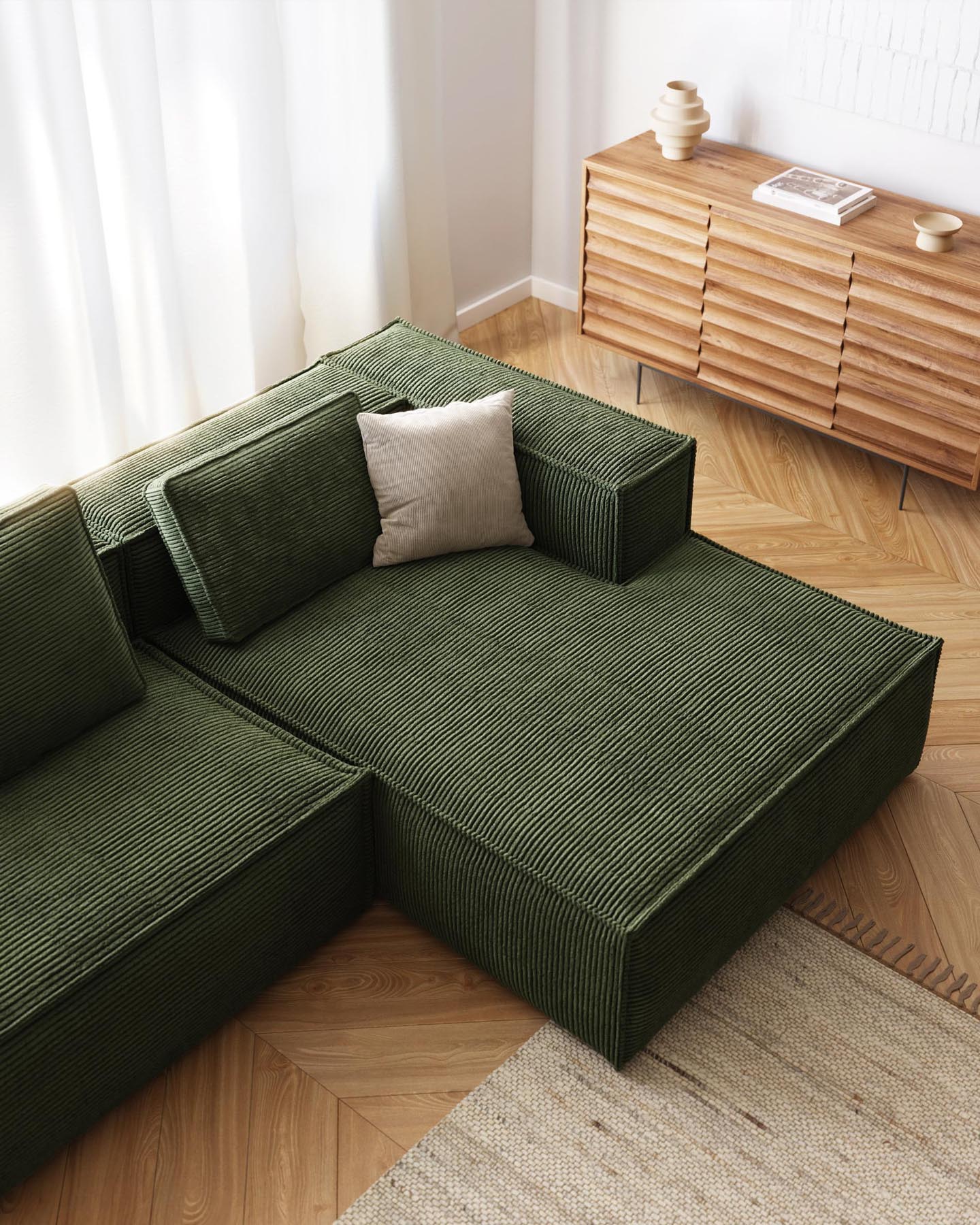 3-Sitzer-Sofa Blok mit Chaiselongue rechts, schwer entflammbar mit dickem, grünen Cord, 300 cm in Grün präsentiert im Onlineshop von KAQTU Design AG. 3er Sofa ist von Kave Home
