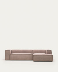 divano a 3 posti <tc>Blok</tc> con chais<tc>elo</tc>Lato destro, ignifugo con velluto a coste rosa spesso, 300 cm
