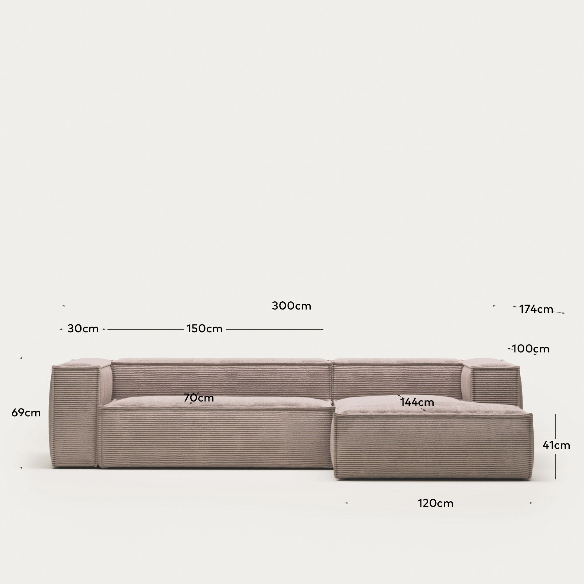 3-Sitzer-Sofa Blok mit Chaiselongue rechts, schwer entflammbar mit dickem, rosafarbenem Cord, 300 cm in Rosa präsentiert im Onlineshop von KAQTU Design AG. 3er Sofa ist von Kave Home