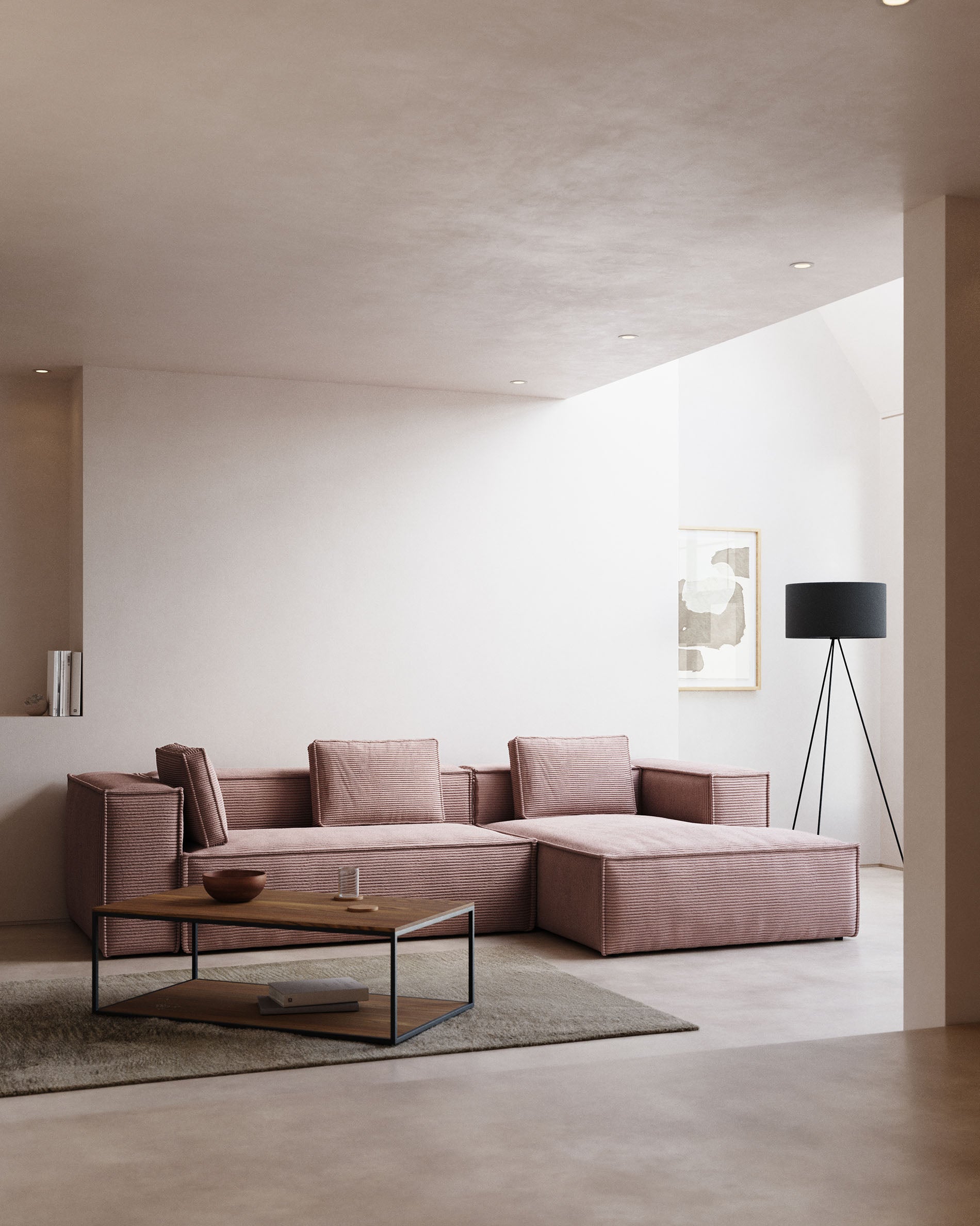 3-Sitzer-Sofa Blok mit Chaiselongue rechts, schwer entflammbar mit dickem, rosafarbenem Cord, 300 cm in Rosa präsentiert im Onlineshop von KAQTU Design AG. 3er Sofa ist von Kave Home