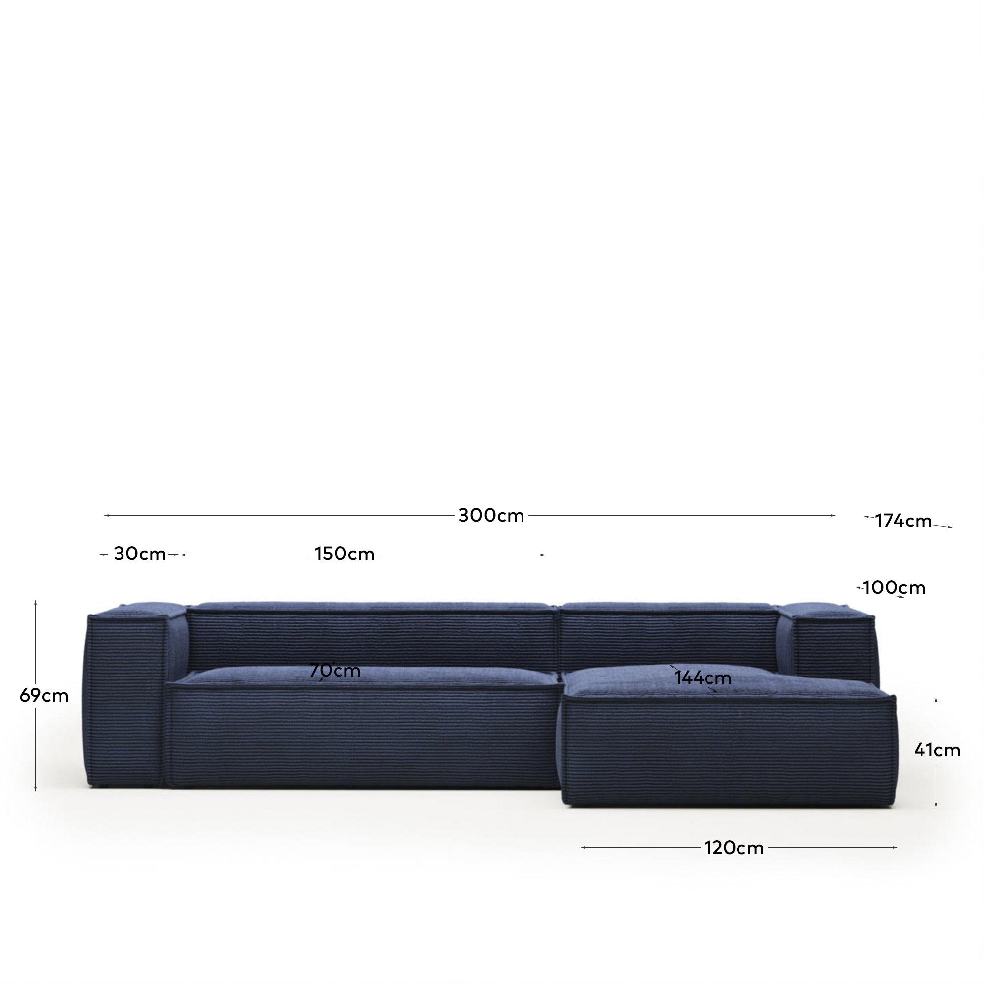3-Sitzer-Sofa Blok mit Chaiselongue rechts, schwer entflammbar mit dickem, blauem Cord, 300 cm, FSC Mix Credit in Blau präsentiert im Onlineshop von KAQTU Design AG. 3er Sofa ist von Kave Home