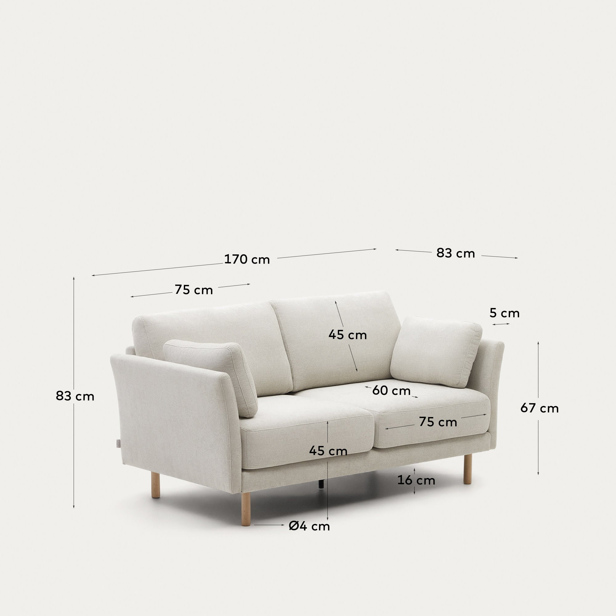 Elegantes Gilma 2-Sitzer-Sofa in Perle aus weichem Chenille, 170 cm, mit stabilen Holzbeinen – ideal für stilvolle Wohnräume.