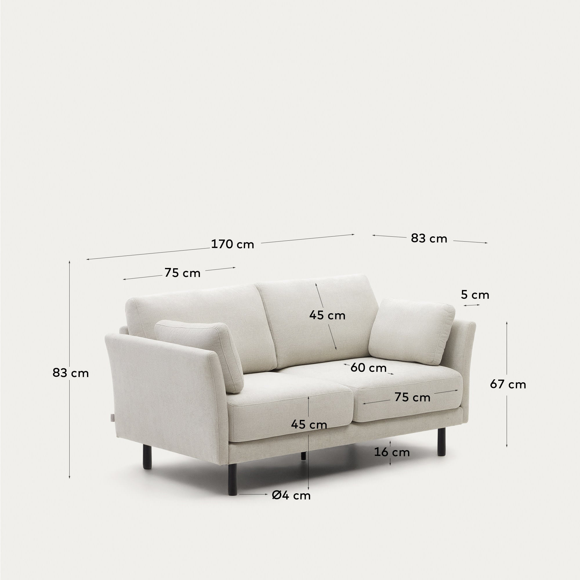 Elegantes 2-Sitzer-Sofa aus strapazierfähigem Chenille in Perle, 170 cm, mit stabilen schwarzen Holzbeinen – ideal für jeden Einrichtungsstil.