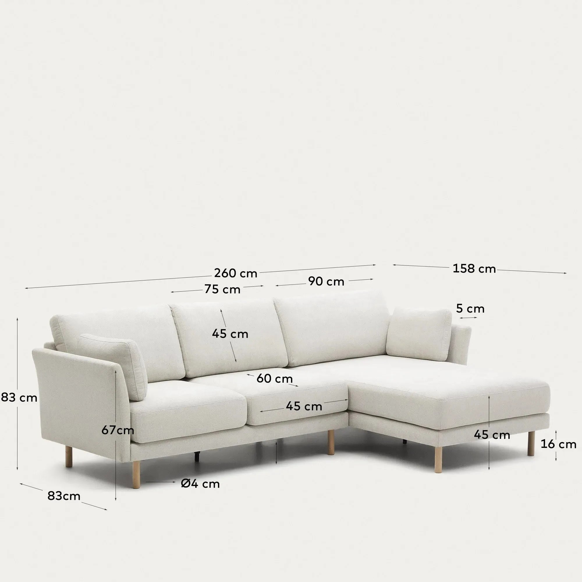 Stilvolles 3-Sitzer-Sofa mit Chaiselongue, Chenille-Stoff in Perle, naturfarbene Holzbeine, 260 cm, von Kave Home.