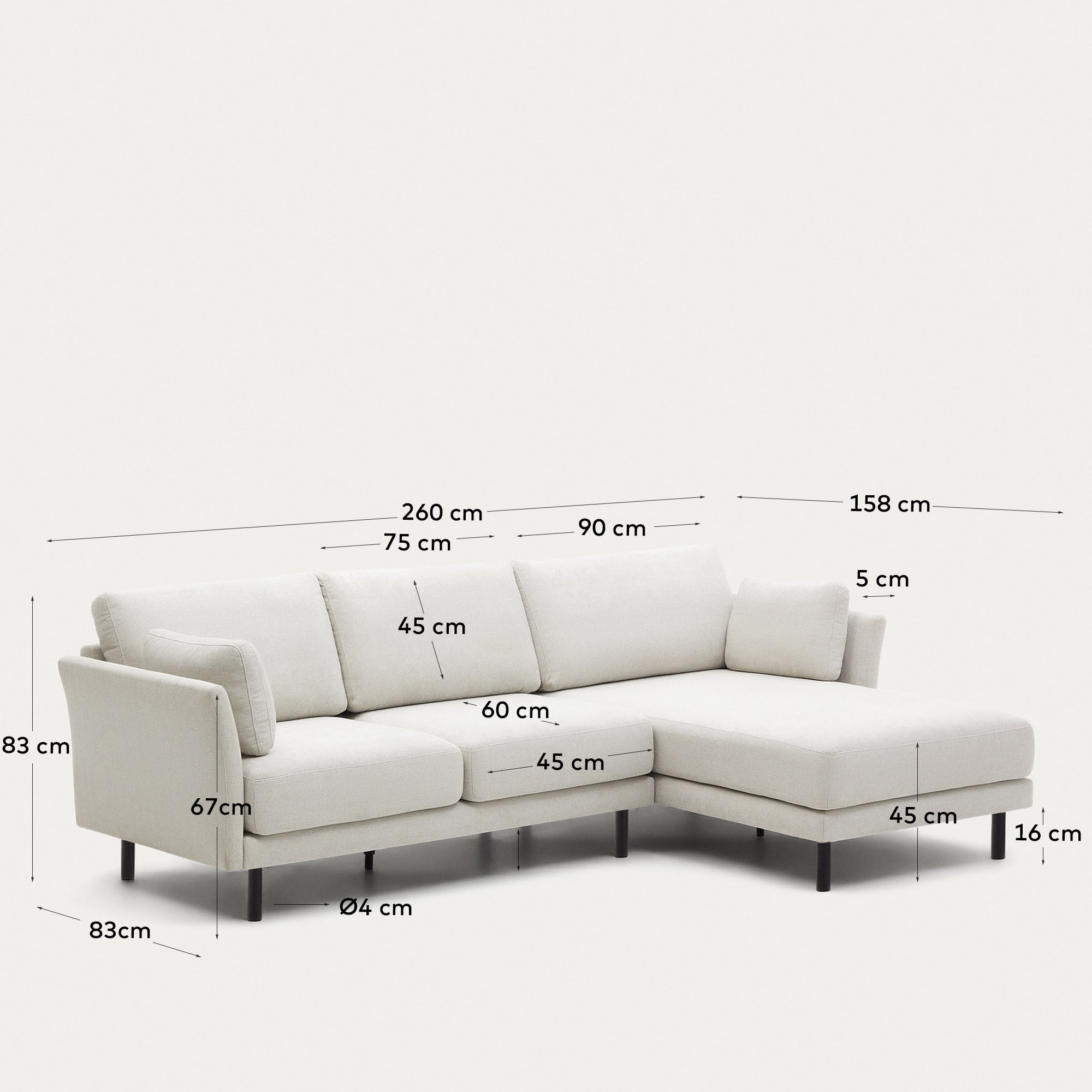 Elegantes 3-Sitzer Sofa mit flexibler Chaiselongue, Chenille in Perle, schwarze Holzbeine, 260 cm, für stilvollen Komfort.