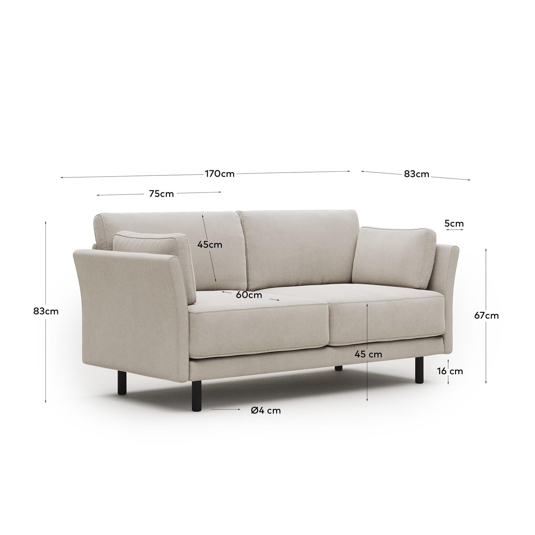 2-Sitzer-Sofa Gilma, schwer entflammbar mit weisser Chenille und Beinen mit schwarzem Finish, 170 cm in Grau präsentiert im Onlineshop von KAQTU Design AG. 2er Sofa ist von Kave Home