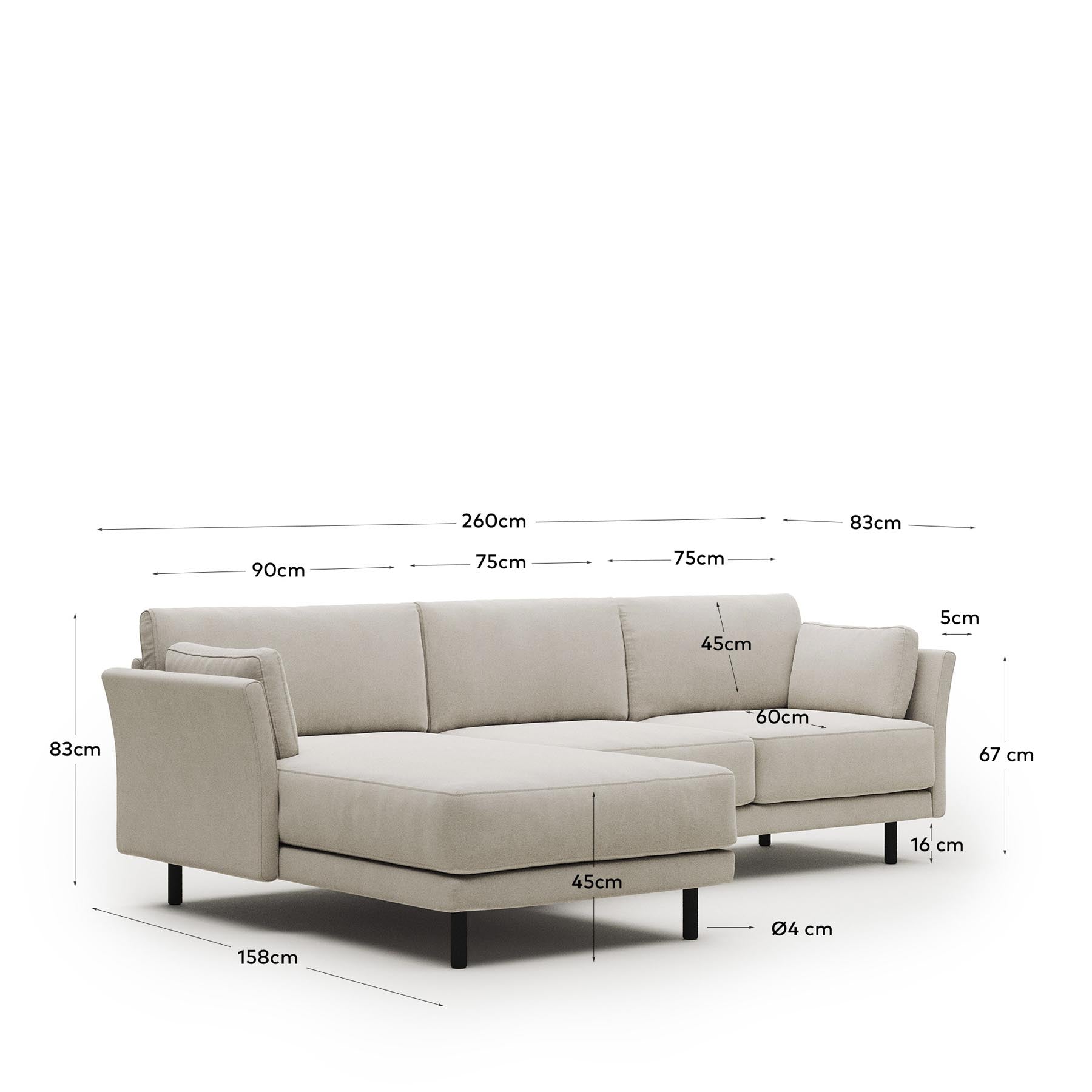 3-Sitzer-Sofa Gilma mit Chaiselongue rechts/links, schwer entflammbar mit beiger Chenille und Beinen mit naturfarbenem Finish, 260 cm in Beige präsentiert im Onlineshop von KAQTU Design AG. 3er Sofa ist von Kave Home