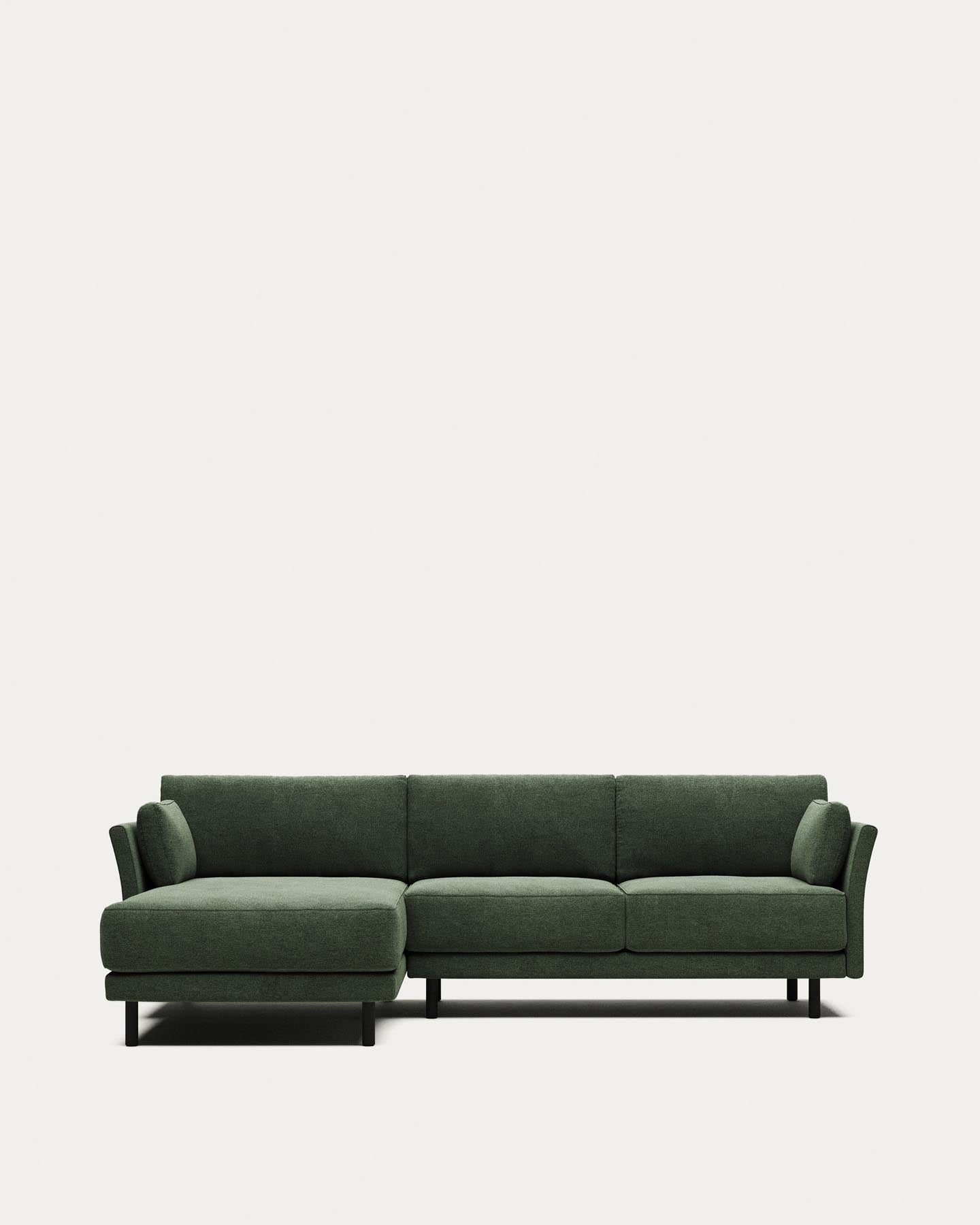 3-Sitzer-Sofa Gilma mit Chaiselongue rechts/links, schwer entflammbar mit grüner Chenille und Beinen mit schwarzem Finish, 260 cm