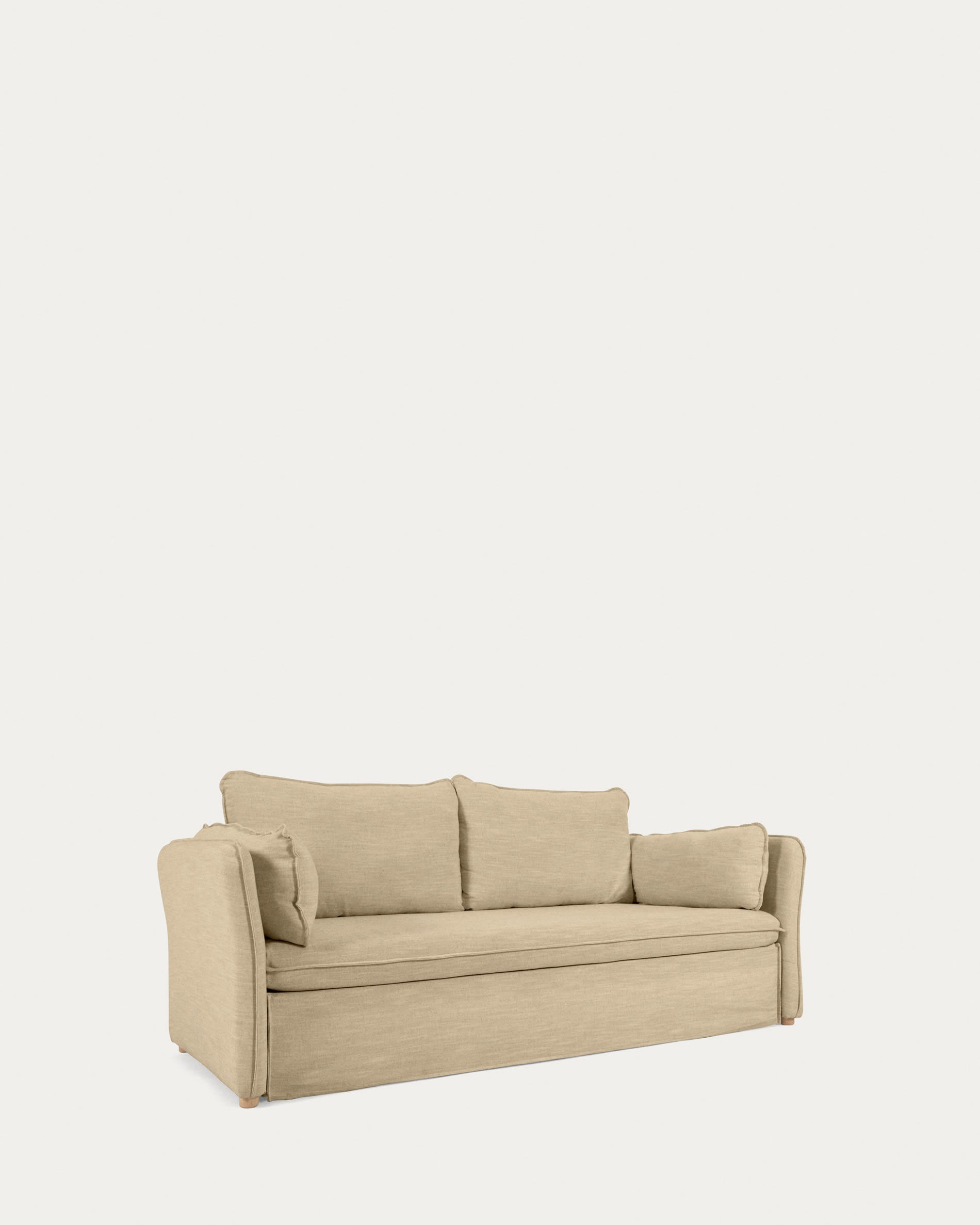 Elegantes Schlafsofa Tanit in Beige, 210 cm, mit FSC-zertifizierten Buchenholzbeinen, ideal für stilvolle Wohnräume.