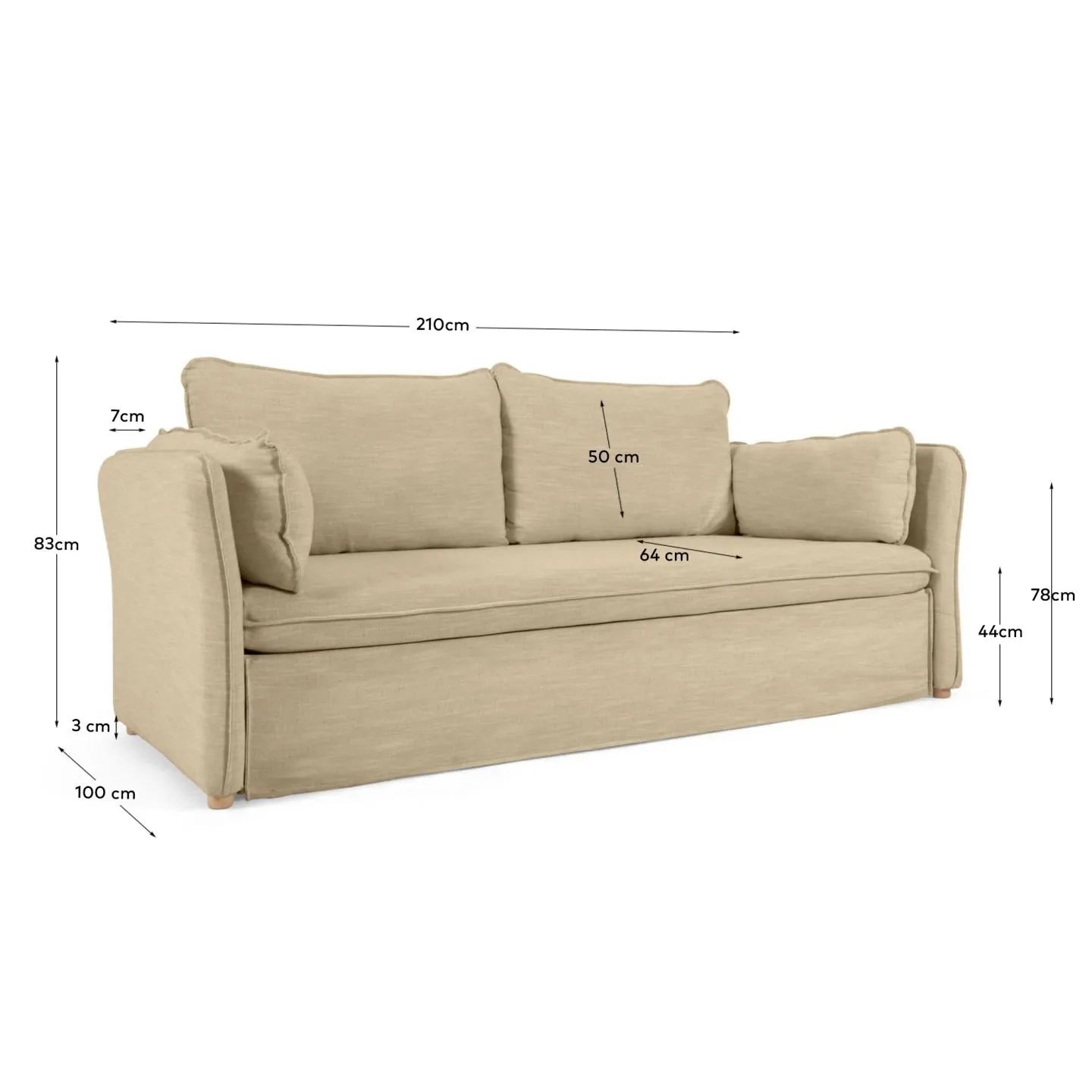 Elegantes Tanit Schlafsofa in Beige, 210 cm, mit FSC-zertifizierten Buchenholzbeinen, bietet Komfort und nachhaltiges Design.