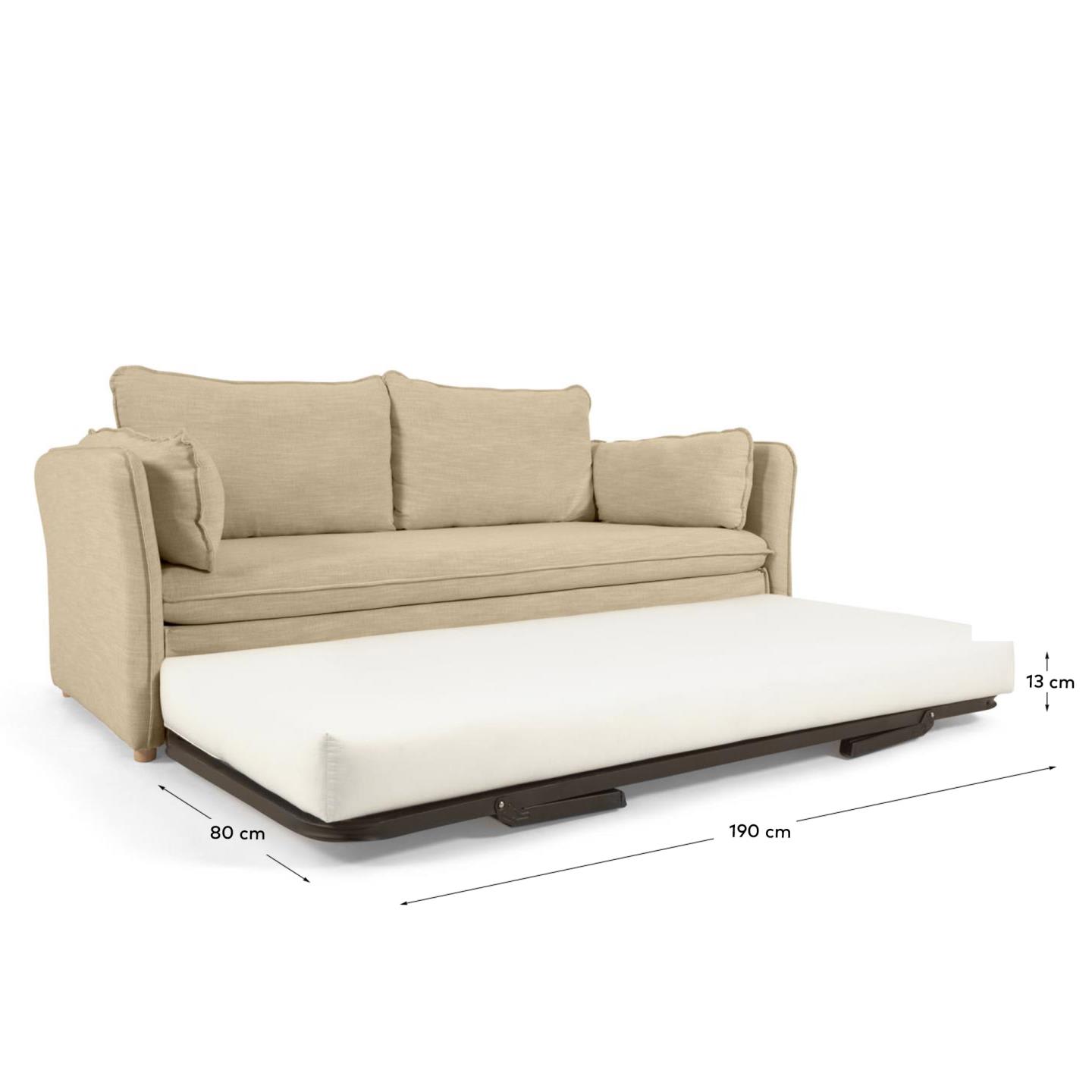 Beiges Tanit Schlafsofa, 210 cm, mit FSC-zertifizierten Buchenholzbeinen, vereint Stil, Komfort und umweltfreundliches Design.