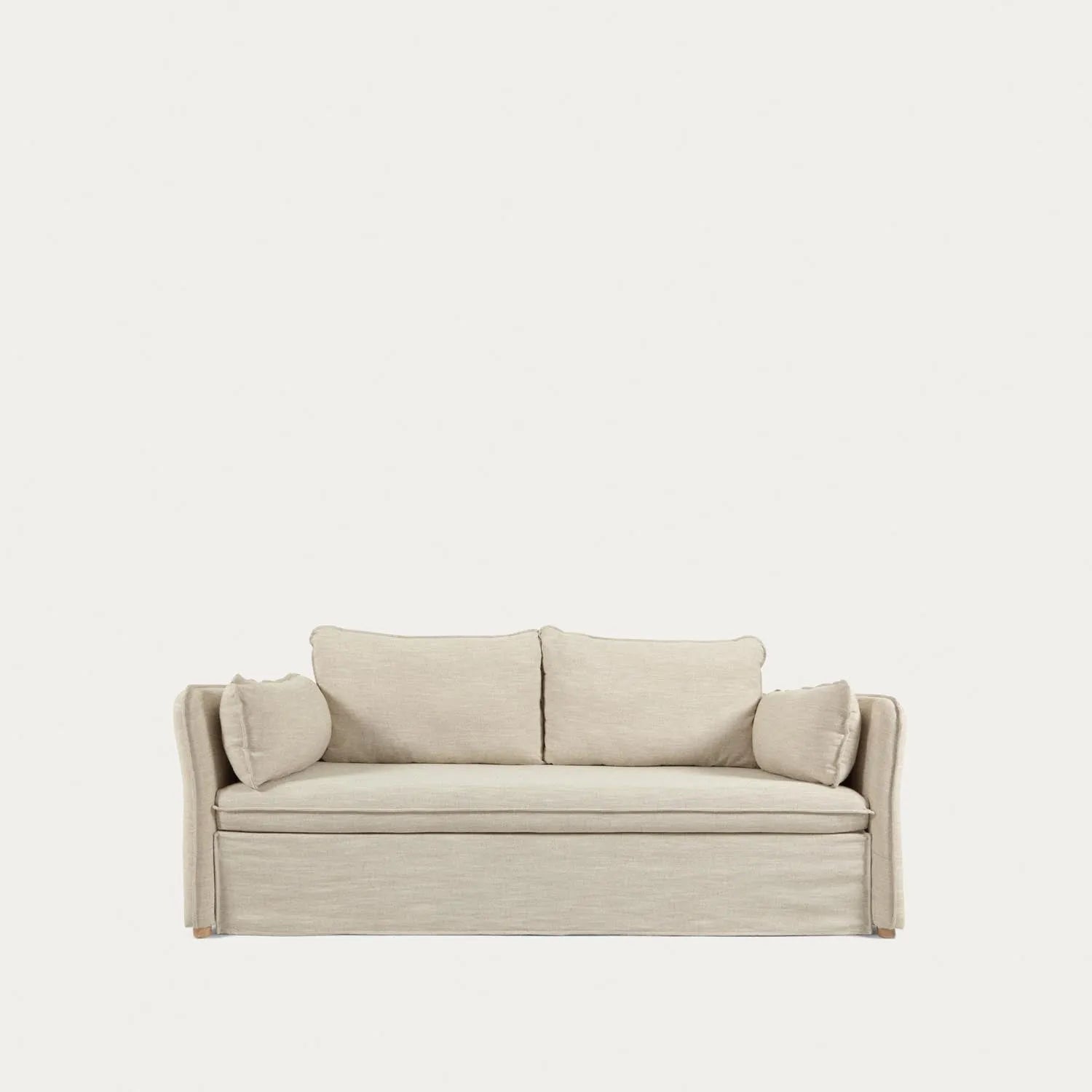 Elegantes Tanit Schlafsofa 210 cm, weiß, mit Buchenholzbeinen.