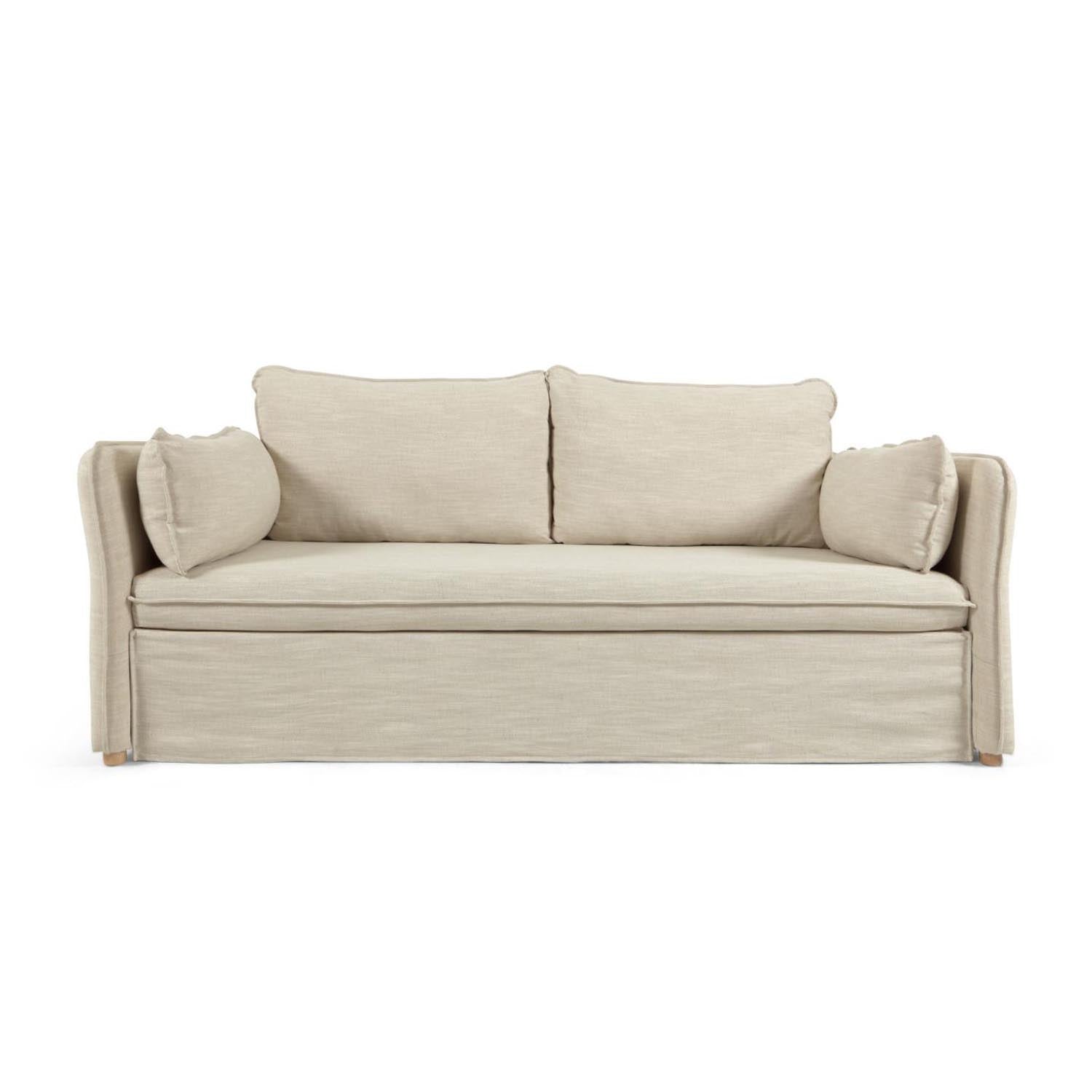 Entdecken Sie das elegante Tanit Schlafsofa in Weiß mit Buchenholzbeinen. Komfort, Stil und Nachhaltigkeit vereint für Ihr Zuhause.