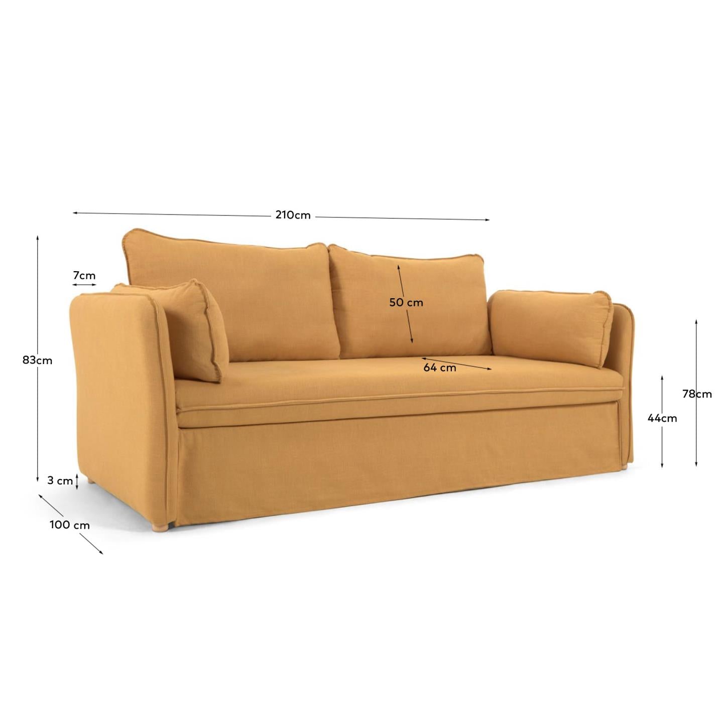 Das Tanit Schlafsofa in Senfgelb kombiniert stilvolle Eleganz mit praktischer Funktionalität und bietet Komfort auf 210 cm Breite.