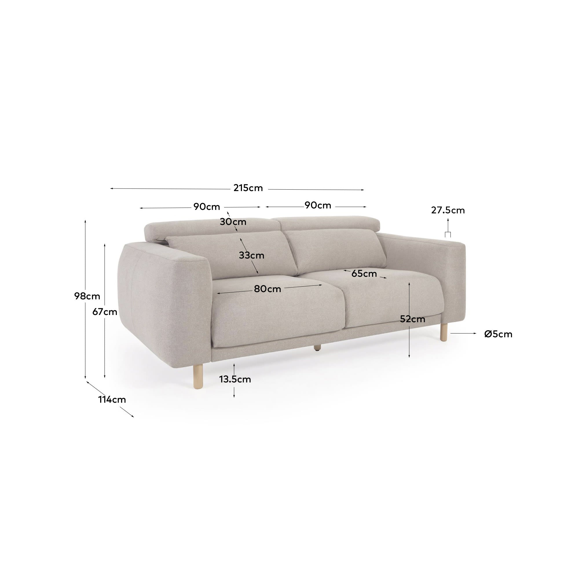 Elegantes 3-Sitzer Sofa in Beige mit verstellbaren Kopfstützen und ausziehbaren Sitzen, nachhaltig und modern.