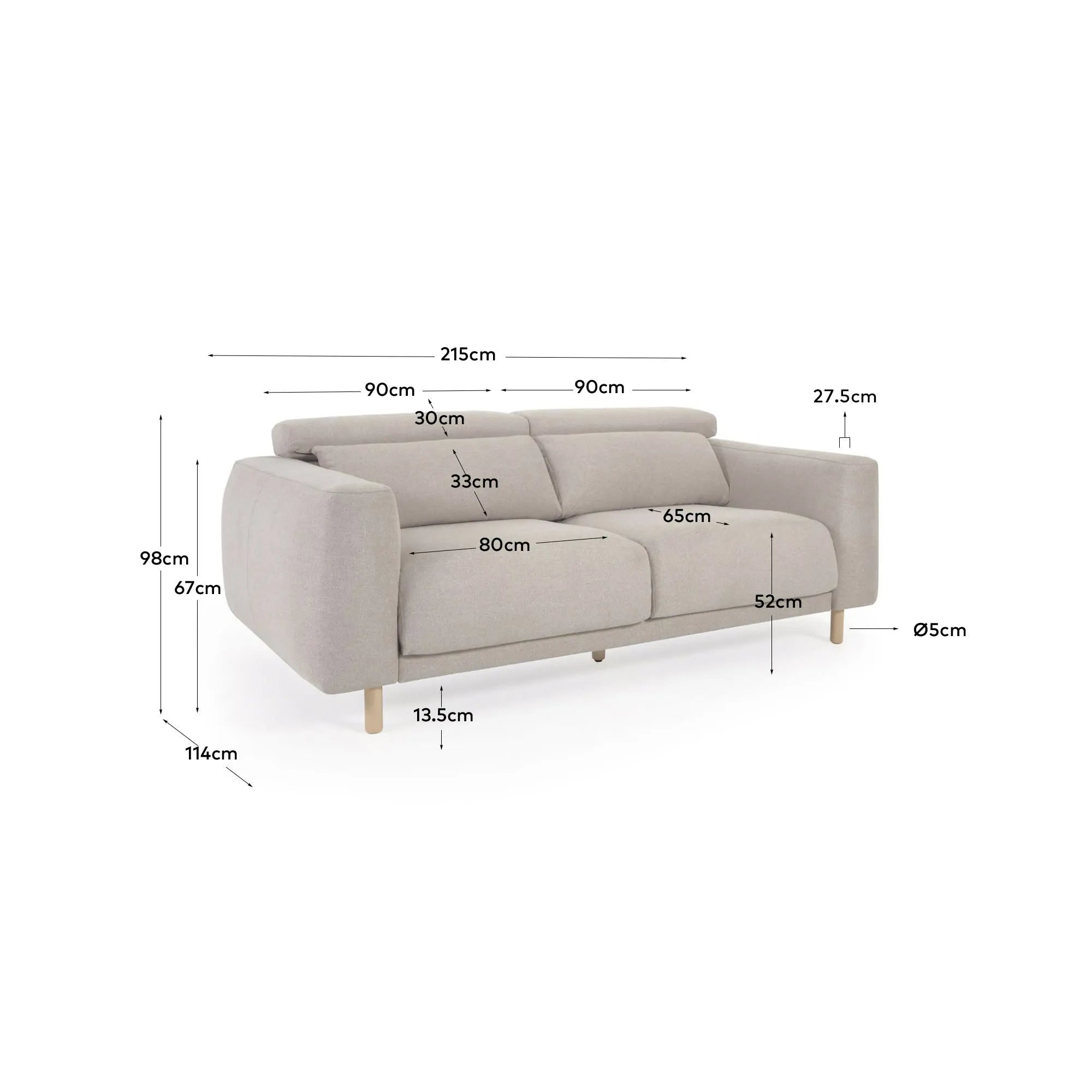 Das beige Singa 3-Sitzer Sofa mit verstellbaren Kopfstützen, ausziehbarem Sitz und FSC-zertifiziertem Holz bietet Stil und Komfort.