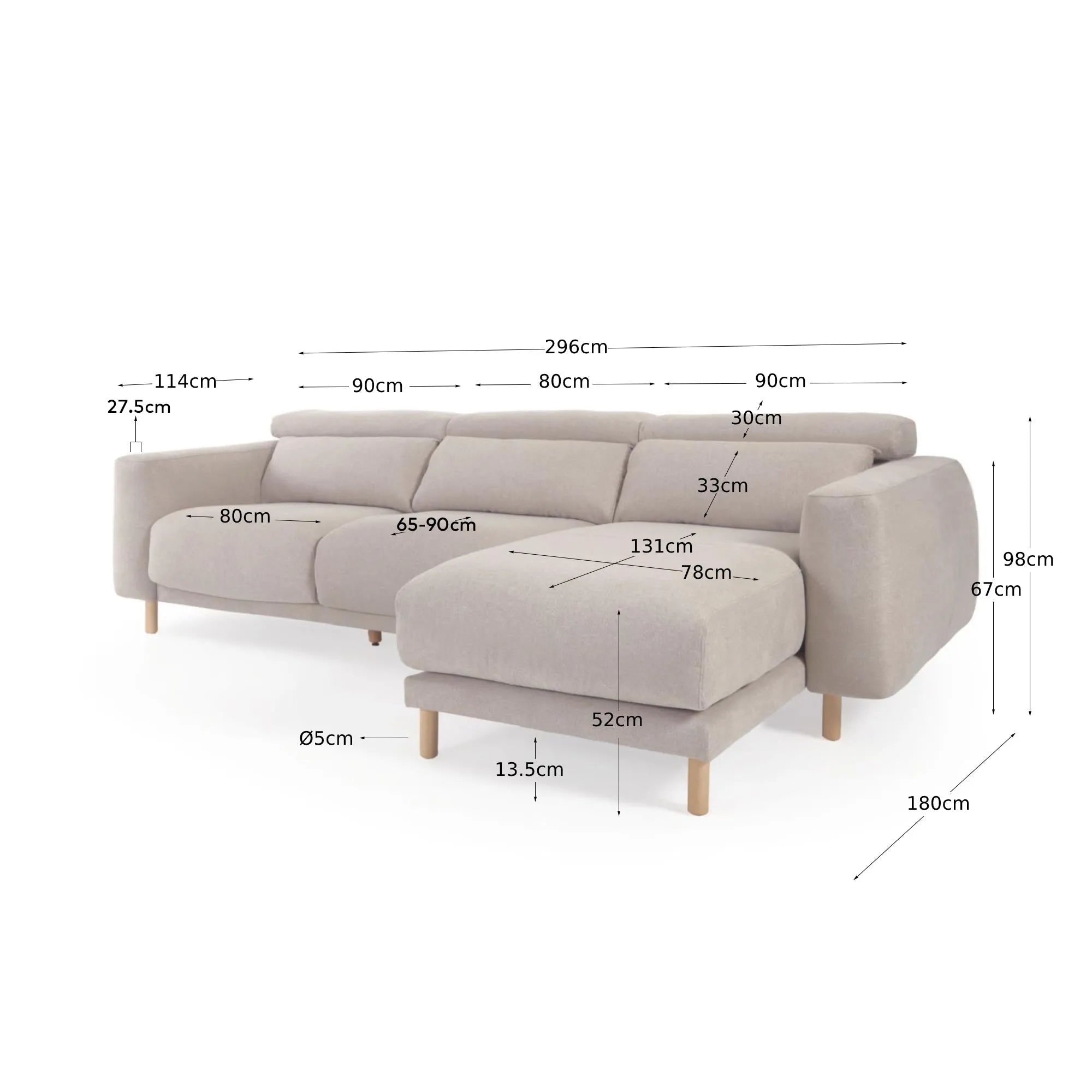 Elegantes Singa 3-Sitzer Sofa mit Chaiselongue rechts, verstellbarer Kopfstütze, ausziehbarem Sitz, beige, 296 cm, FSC-zertifiziert.