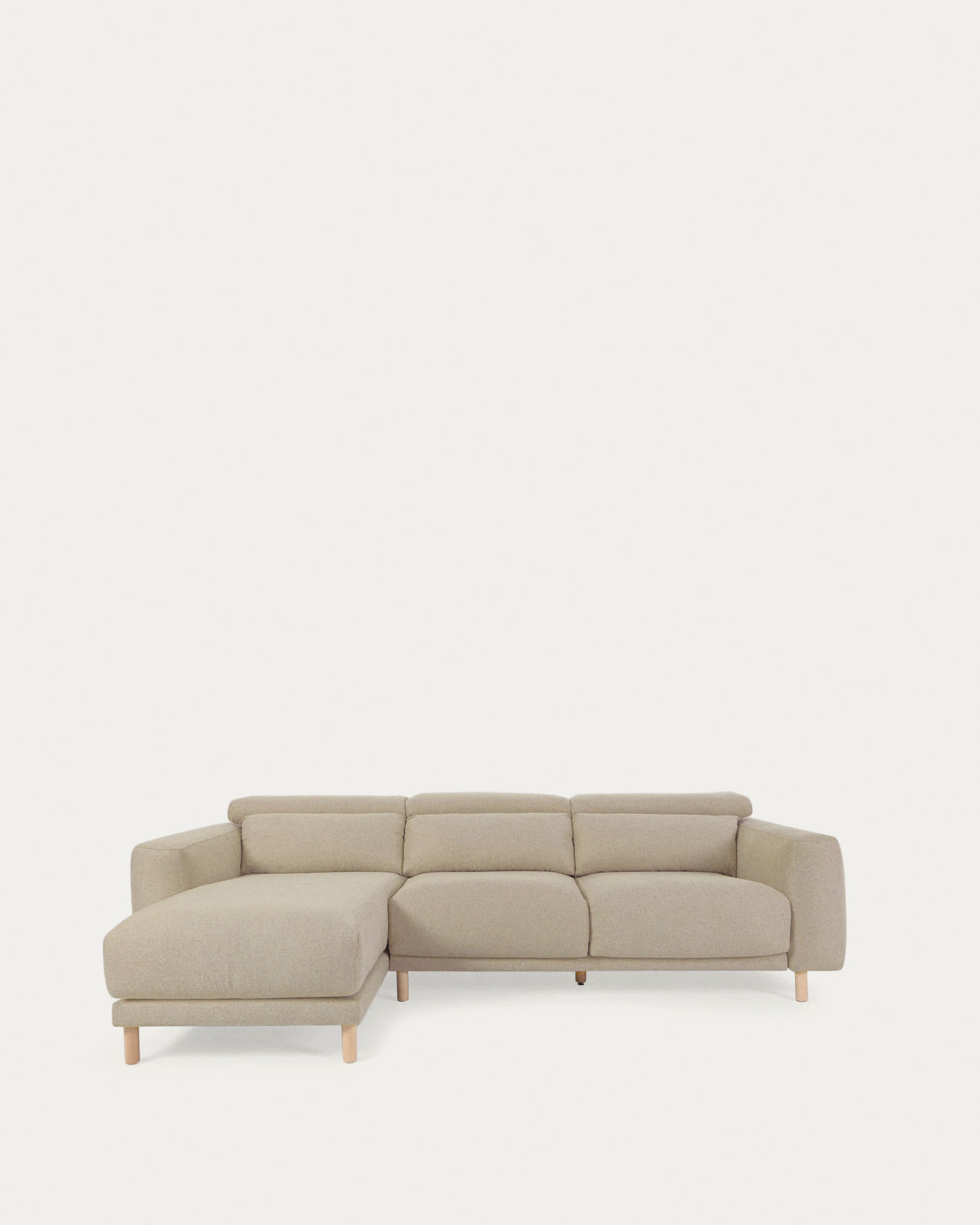 Elegantes Singa 3-Sitzer Sofa mit Chaiselongue links, verstellbarer Kopfstütze, ausziehbarem Sitz, beige, 296 cm, FSC-zertifiziert.