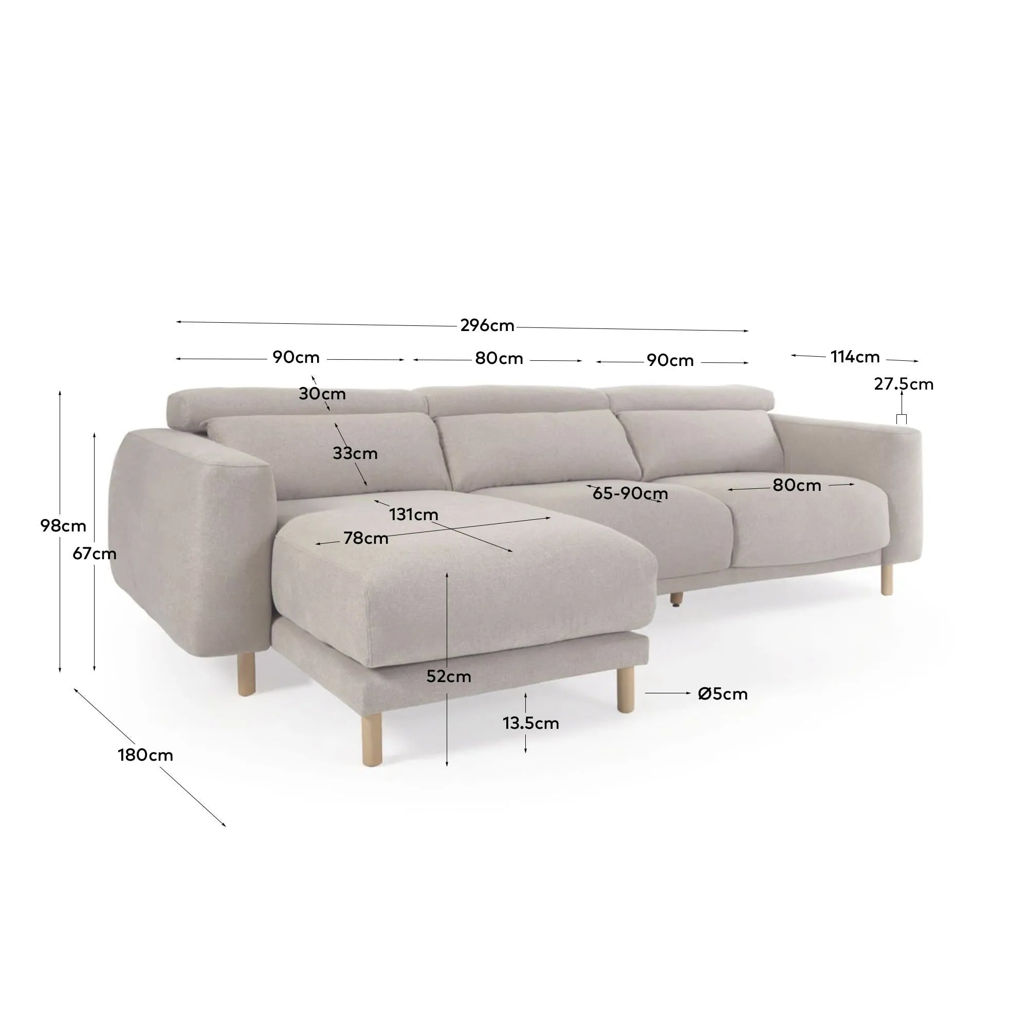 Singa Sofa, 3-Sitzer, beige, 296 cm, Chaiselongue links, verstellbare Kopfstütze, ausziehbarer Sitz, FSC Mix Credit.