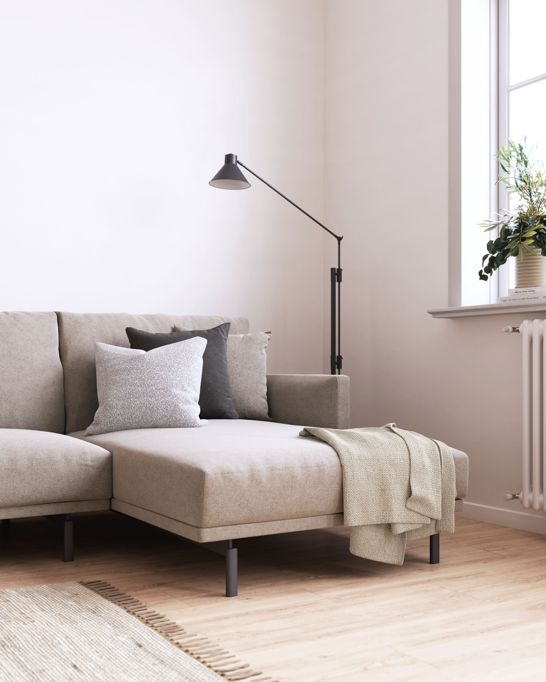 Elegantes, nachhaltiges 4-Sitzer Sofa in Beige mit rechter Chaiselongue, ideal für stilvolle Entspannung.