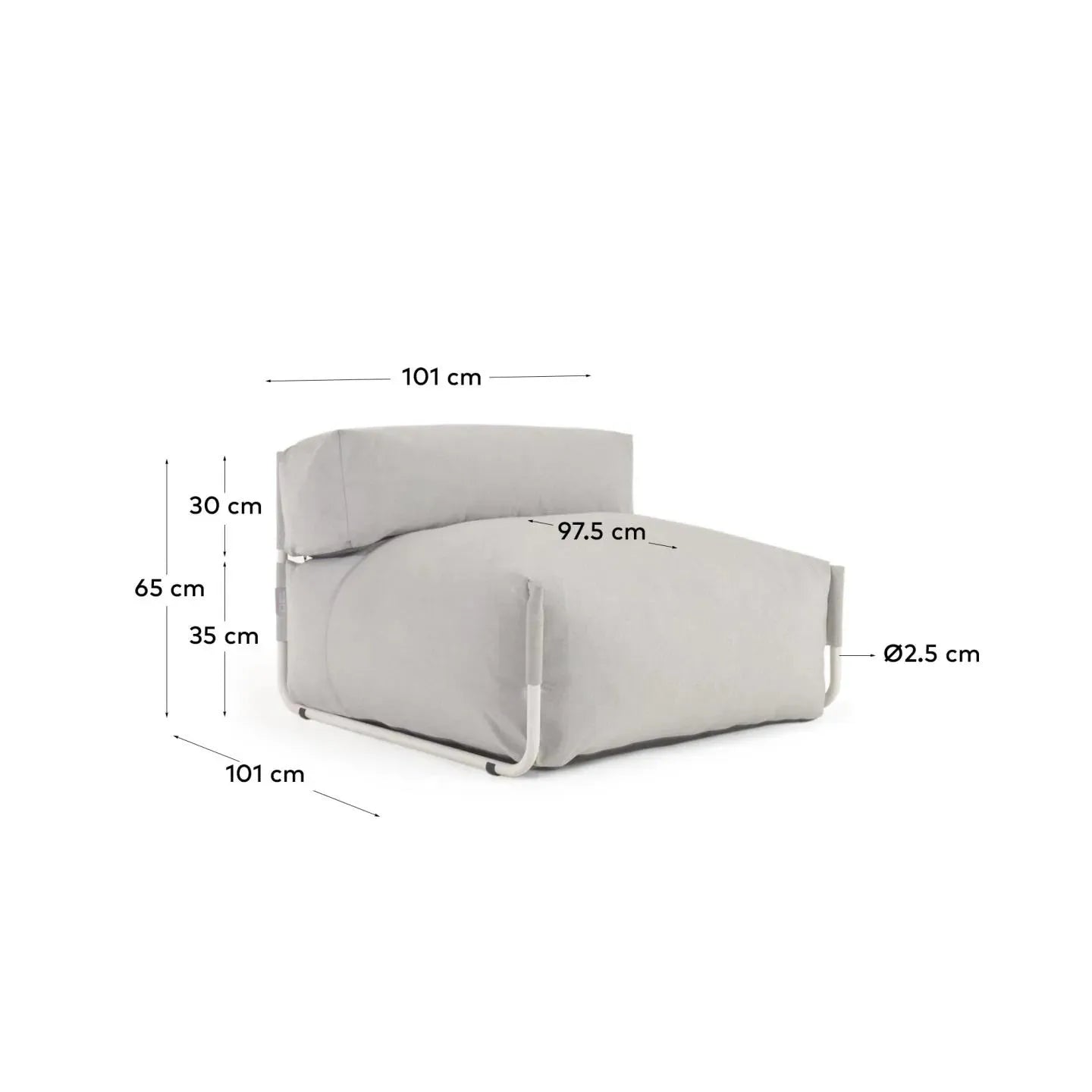 Elegantes modulares Outdoor-Sofa mit hellgrauem Bezug und weißem Aluminiumrahmen, 101x101 cm, perfekt für moderne Außenbereiche.
