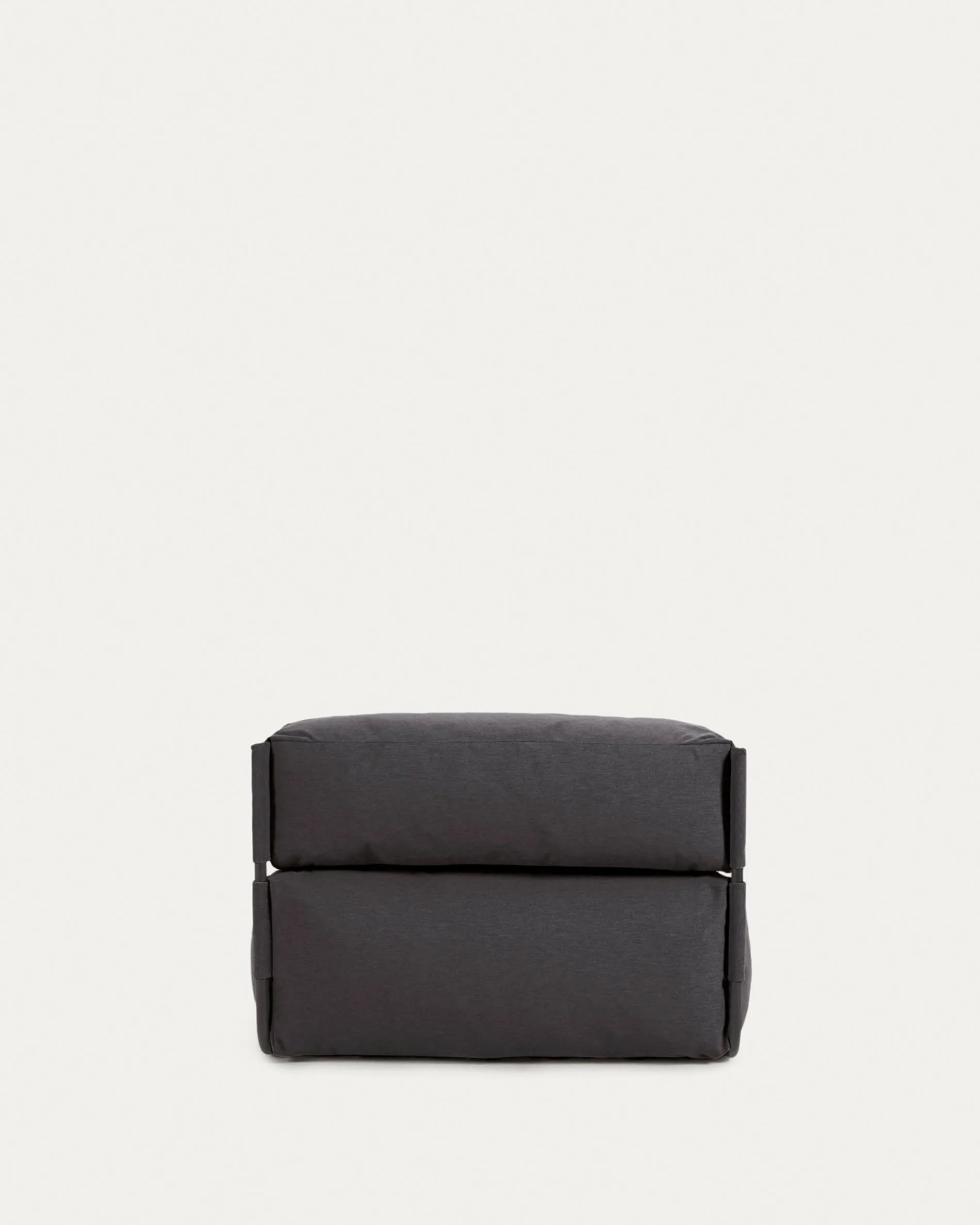 Elegantes modulares Outdoor-Sofa mit Rückenlehne, dunkelgrauem Stoff und schwarzem Aluminiumrahmen, 165x101cm, robust und modern.