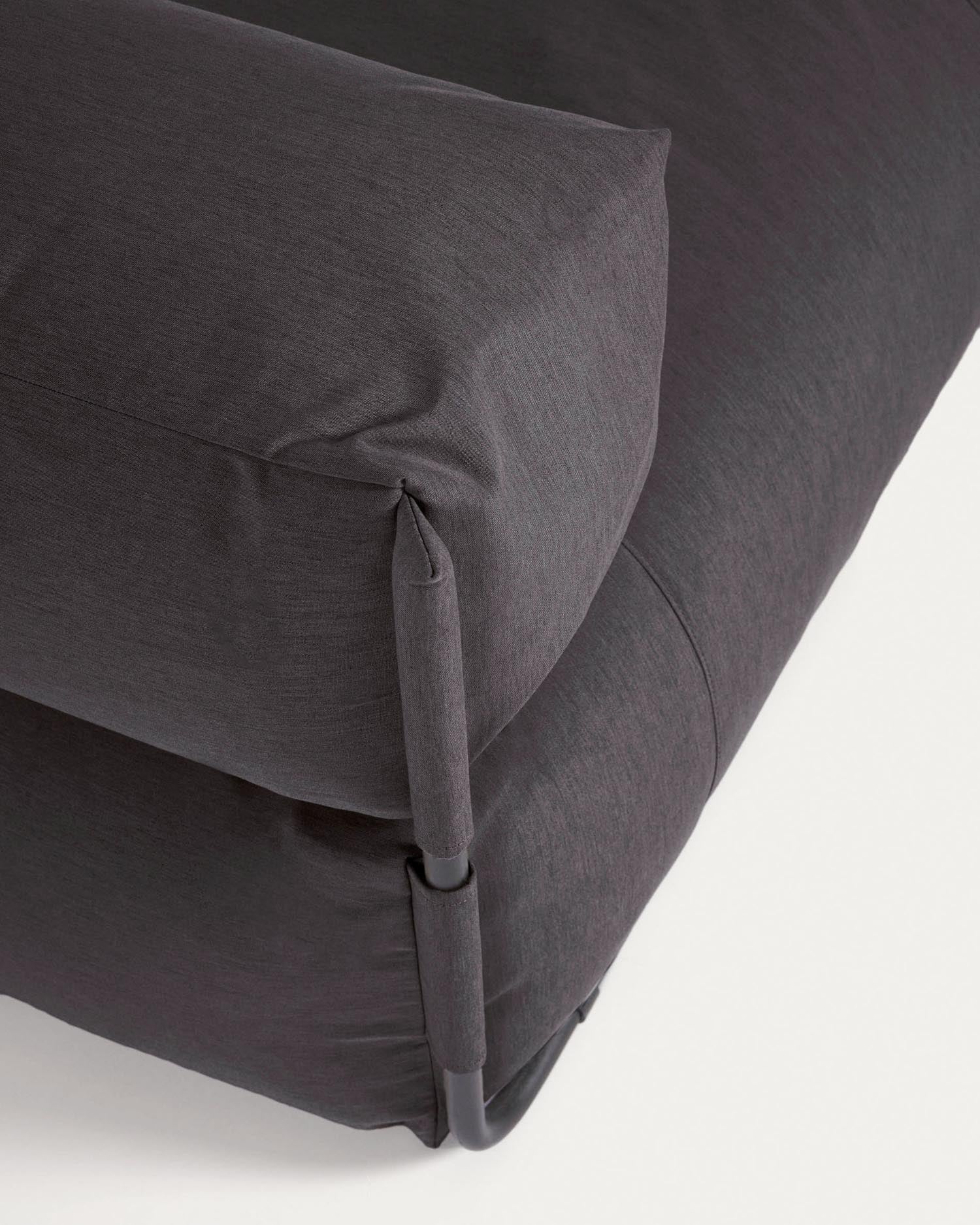 Modulares Outdoor-Sofa mit Rückenlehne, dunkelgrauem Bezug und schwarzem Aluminiumrahmen, 165x101cm, stilvoll und wetterfest.