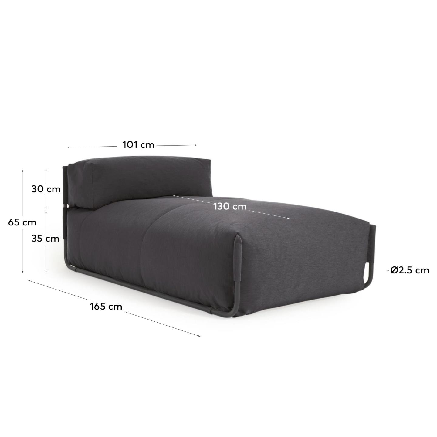 Modulares Outdoor-Sofa mit Rückenlehne, dunkelgrauem Bezug und schwarzem Aluminiumrahmen, 165x101cm, stilvoll und wetterfest.