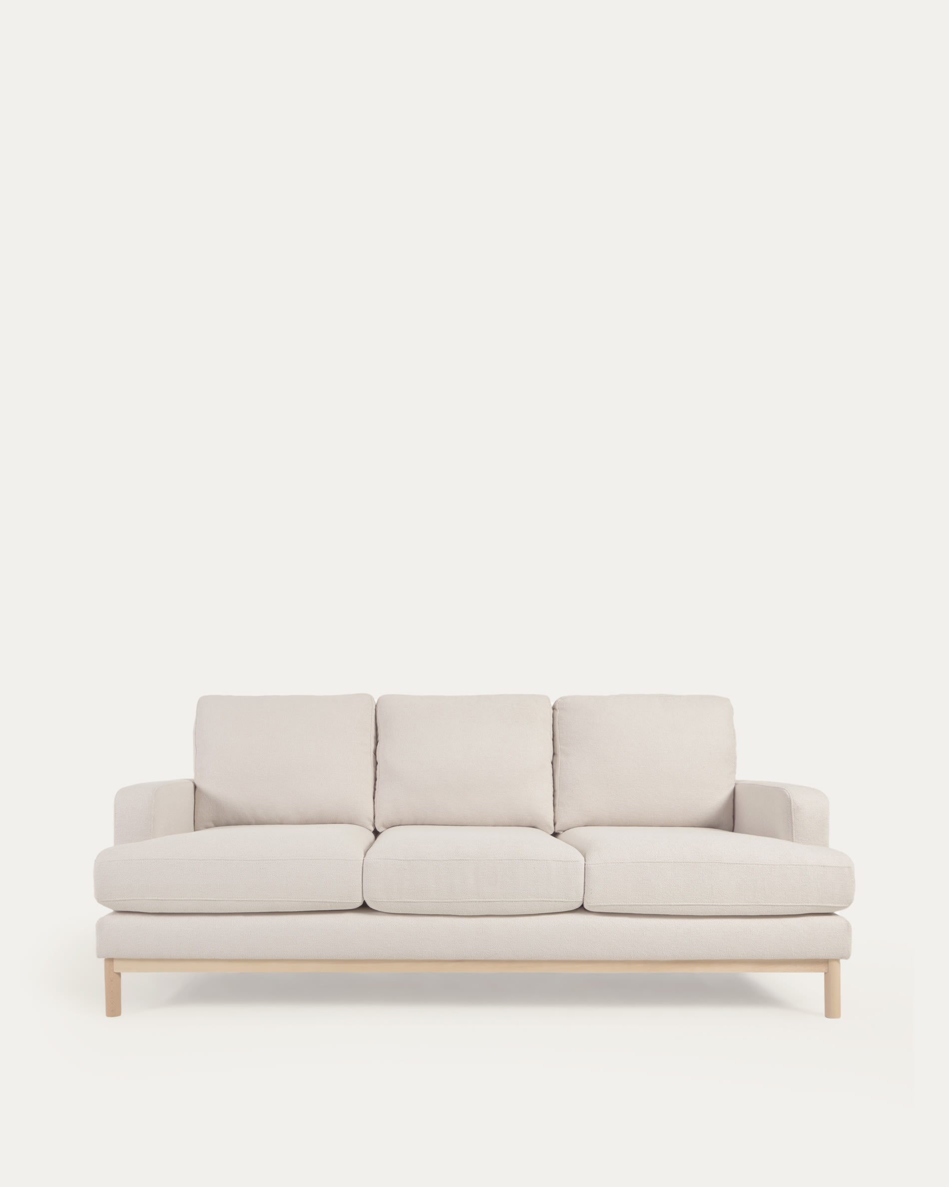 Elegantes 3-Sitzer-Sofa Mihaela in Weiß mit Mikro-Bouclé-Bezug, FSC-zertifiziert, nachhaltig und stilvoll.