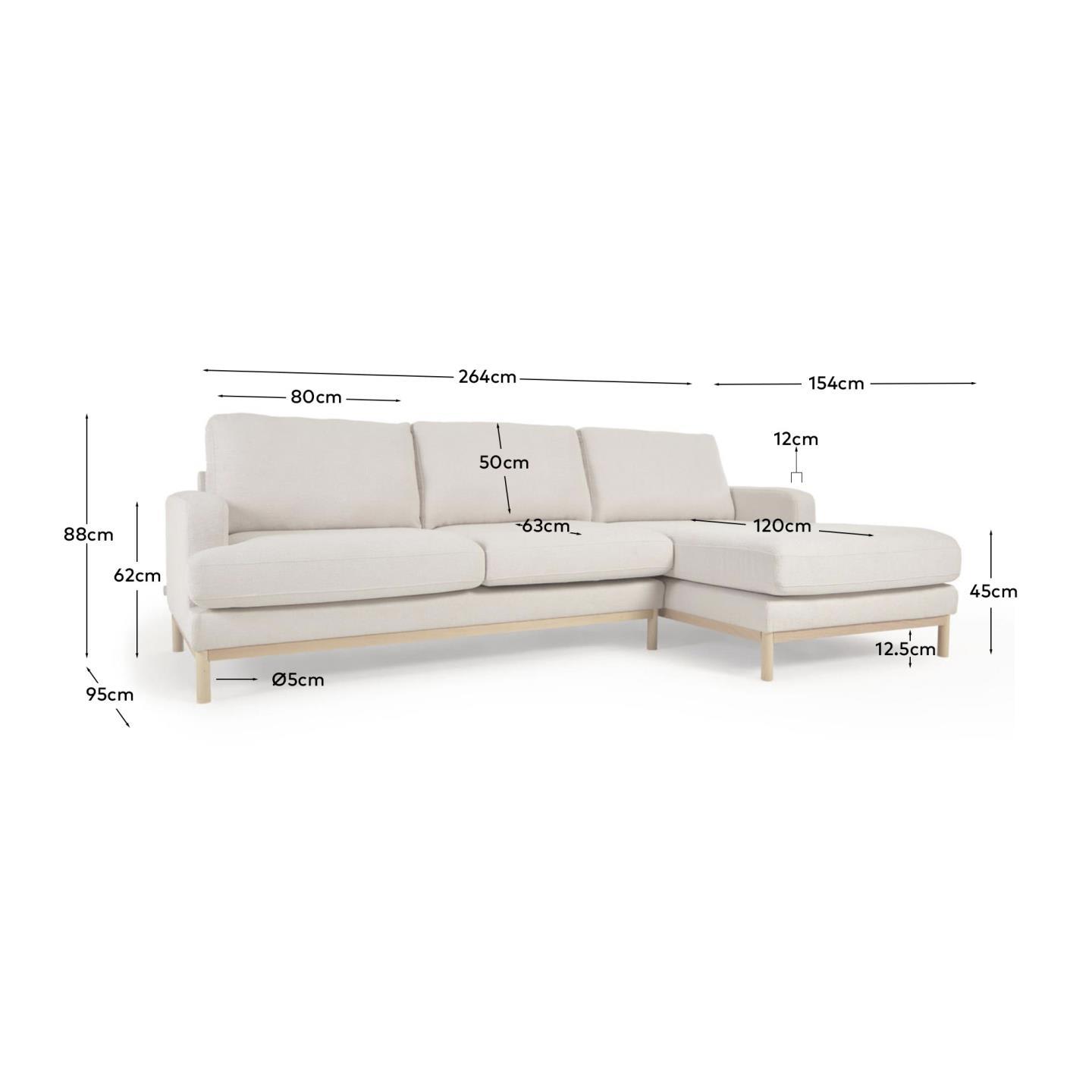 Elegantes Sofa Mihaela, 3-Sitzer mit rechter Chaiselongue, weißer Mikro-Bouclé-Bezug, 264 cm, FSC-zertifiziert, Kave Home.