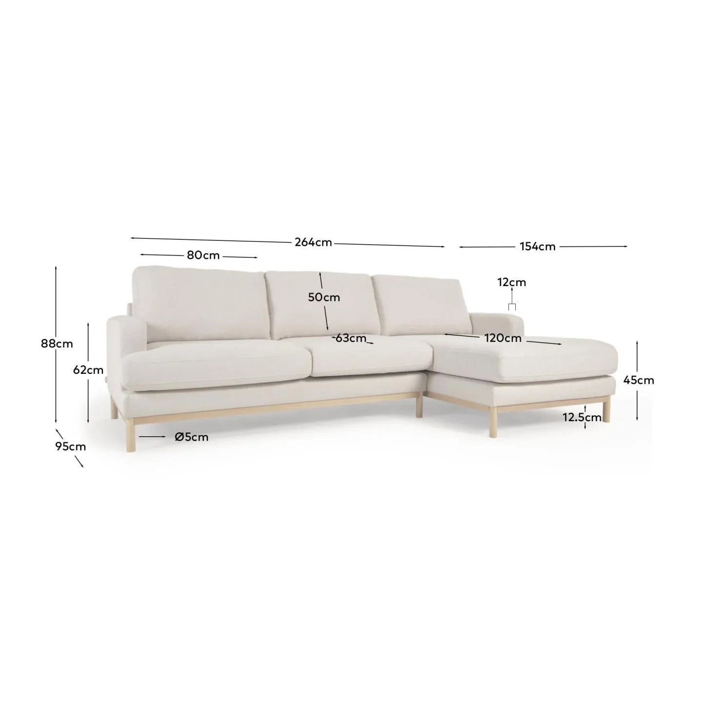 Stilvolles 3-Sitzer-Sofa Mihaela mit rechter Chaiselongue, weißem Mikro-Bouclé-Bezug, 264 cm, FSC-zertifiziert, von Kave Home.