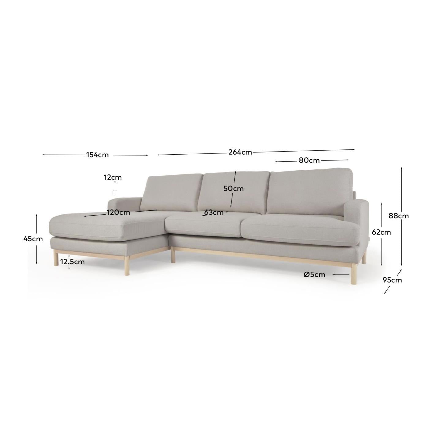 Elegantes 3-Sitzer-Sofa mit linker Chaiselongue, grauem Mikro-Bouclé-Bezug, recycelter Polsterung und E0-Holzstruktur.