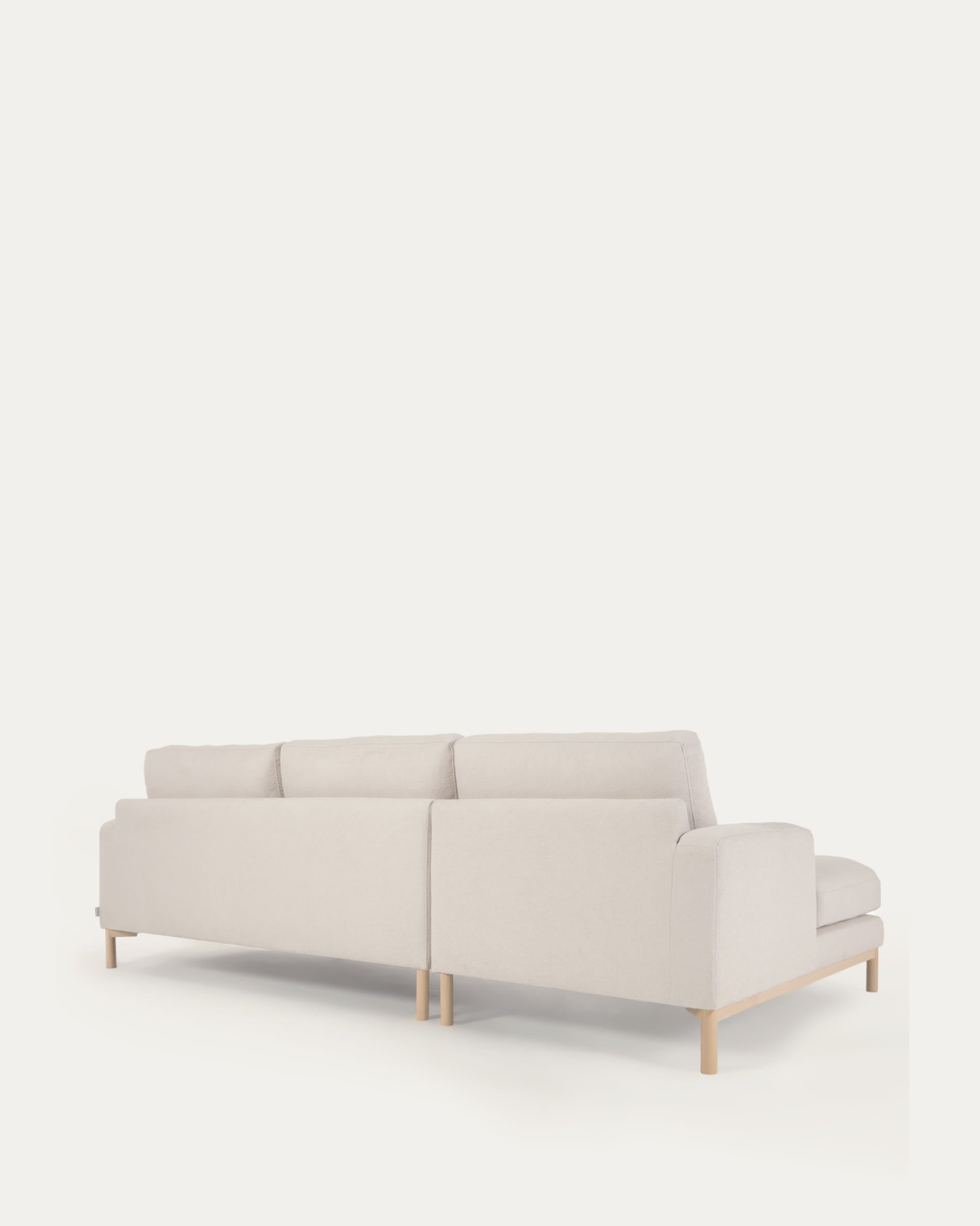 Elegantes 3-Sitzer-Sofa Mihaela mit linker Chaise Longue, weißem Mikro-Bouclé-Bezug, nachhaltig und stilvoll.