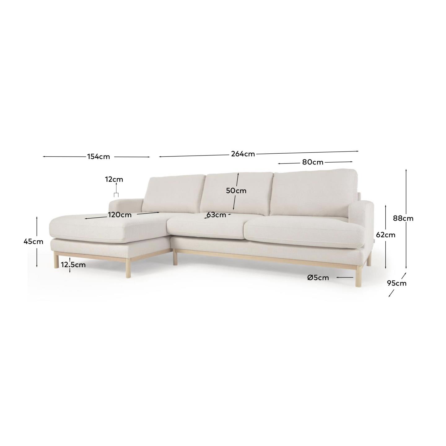 Modernes Sofa Mihaela, 3-Sitzer mit linker Chaise Longue, weißer Mikro-Bouclé-Bezug, 264 cm, FSC-zertifiziert, von Kave Home.