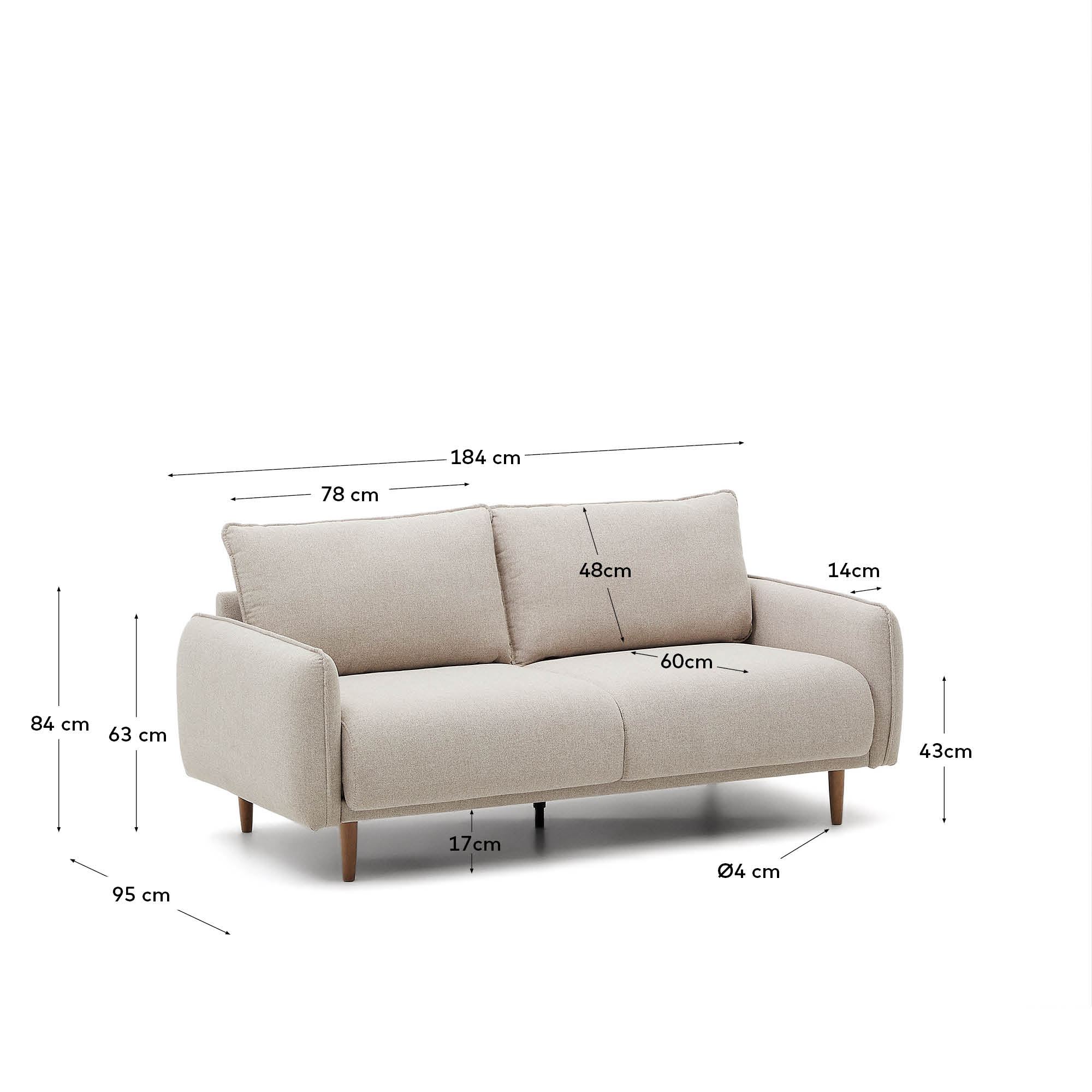 Das Carlota Sofa in Beige: stilvoll, bequem und nachhaltig, mit recycelter Füllung und FSC-zertifiziertem Holz.