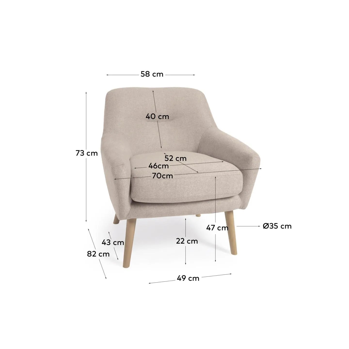 Eleganter Candela Sessel in Beige: Komfort und Stil vereint, mit weichem Stoffbezug und stabilen Buchenholzbeinen.