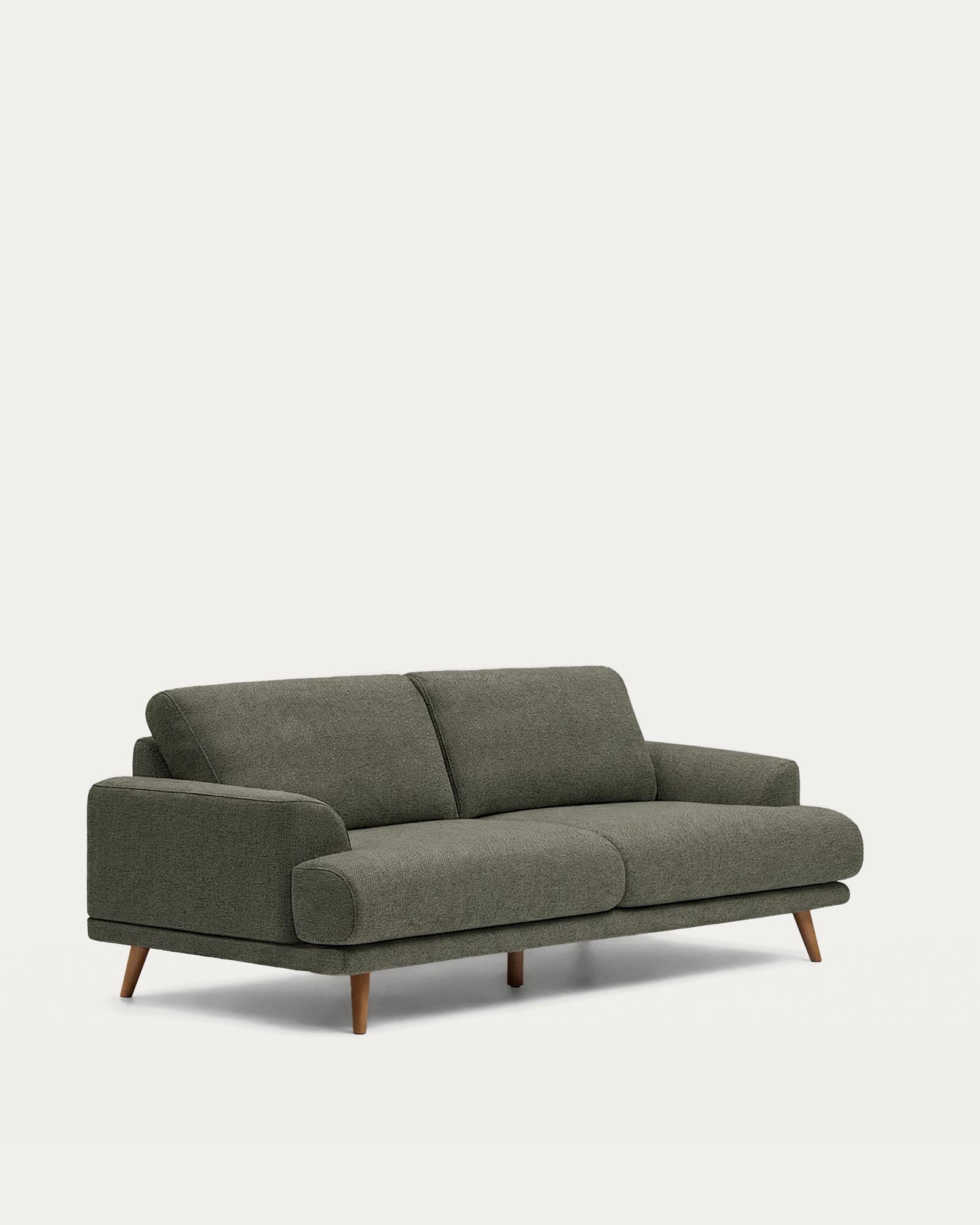 Stilvolles 2-Sitzer-Sofa Karin in tiefgrünem Chenille, ausgestattet mit stabilen Buchenholzbeinen in edler Walnussfarbe, perfekt für moderne Interiors.