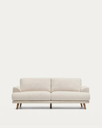 Divano Karin 2 posti in ciniglia beige con gambe in legno massello di faggio finitura noce 210 cm