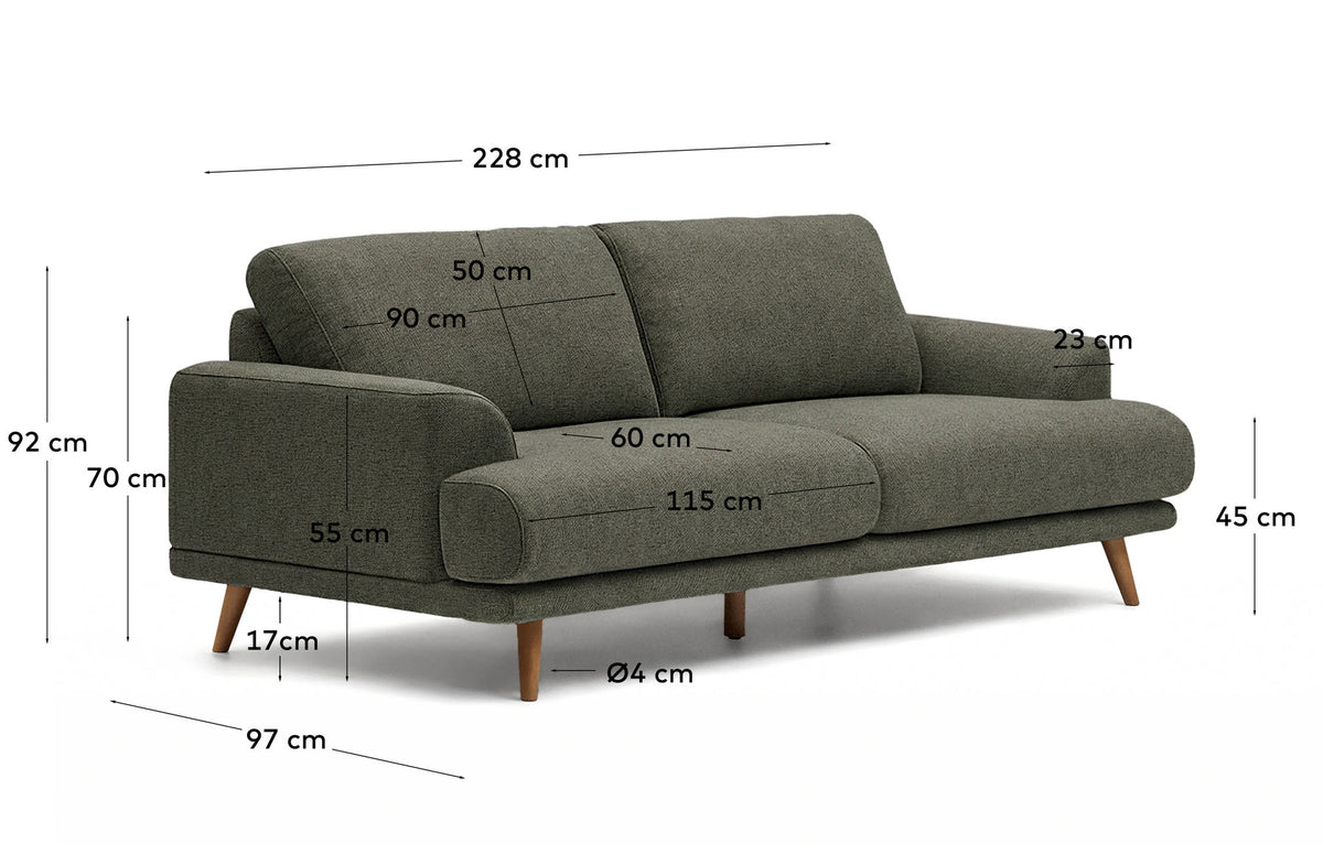 3-Sitzer-Sofa Karin aus dunkelgrüner Chenille mit Beinen aus massivem Buchenholz mit walnussfarbener Oberfläche 228 cm in Dunkelgrün präsentiert im Onlineshop von KAQTU Design AG. 3er Sofa ist von Kave Home