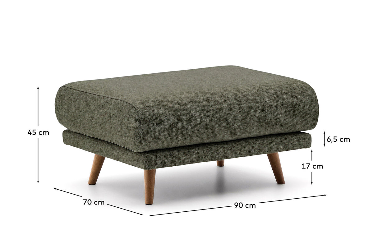 Fussablage Karin aus beiger Chenille und Beinen aus massivem Buchenholz mit walnussfarbener Oberfläche 90 x 70 cm in Dunkelgrün präsentiert im Onlineshop von KAQTU Design AG. Pouf ist von Kave Home