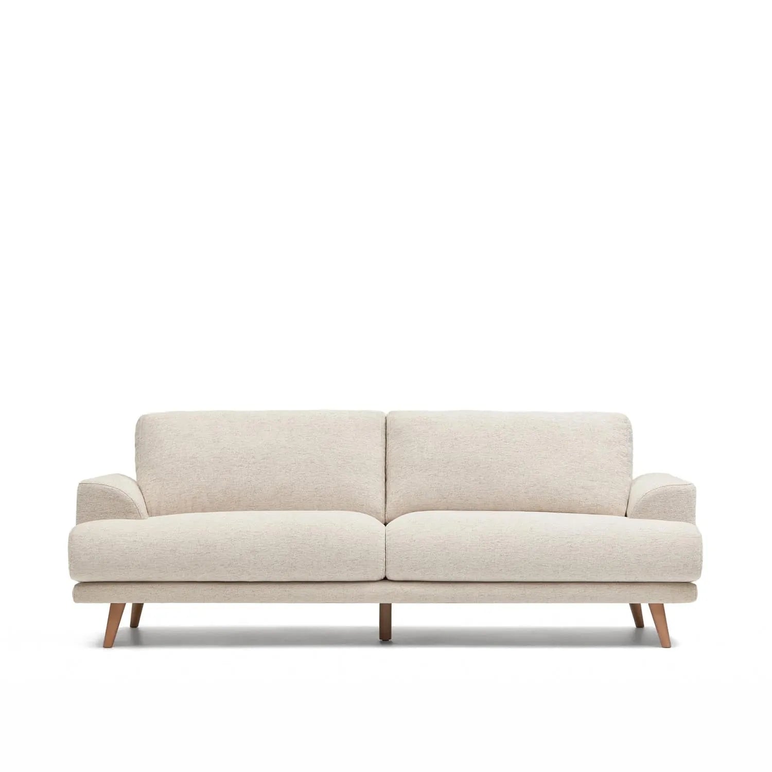 Elegantes weißes 3-Sitzer-Sofa, 231 cm, mit massiven Buchenholzbeinen, modernes Design, komfortabel und pflegeleicht.