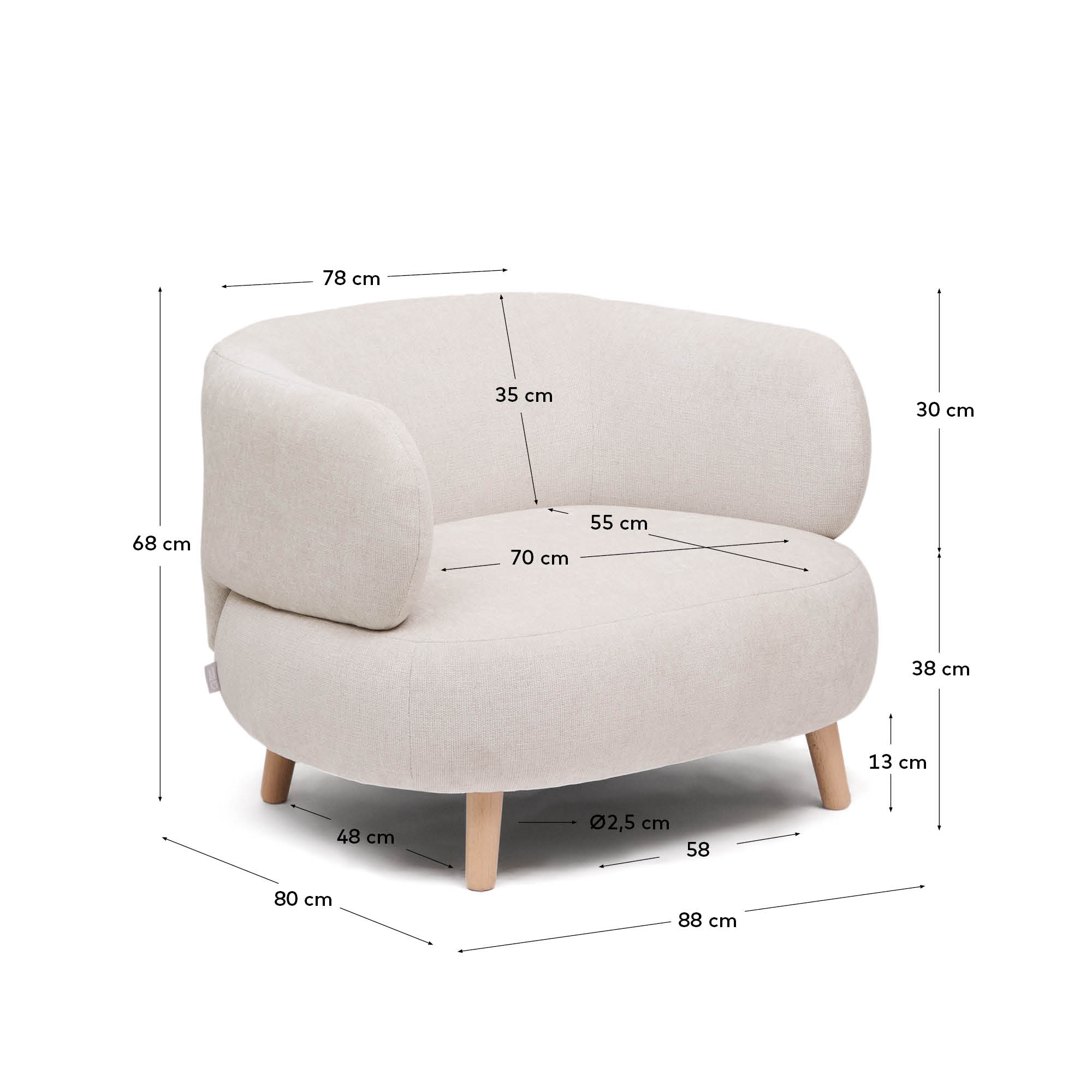 Eleganter Luisa Sessel von Kave Home, 90 cm, aus hochwertigem Chenille in Perle, mit stabilen Buche-Beinen für höchsten Komfort und Stil.