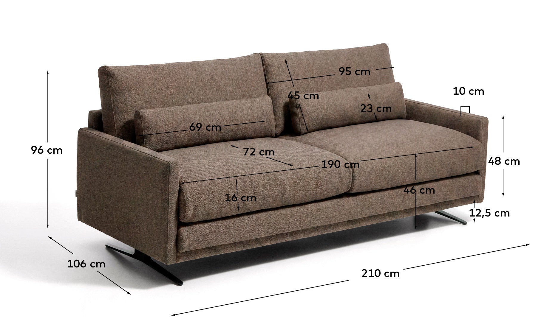 2-Sitzer-Sofa Veliro, schwer entflammbar, in Toastbraun mit Stahlbeinen mit schwarzem Finish, 210 cm, FSC Mix Credit in Braun präsentiert im Onlineshop von KAQTU Design AG. 2er Sofa ist von Kave Home