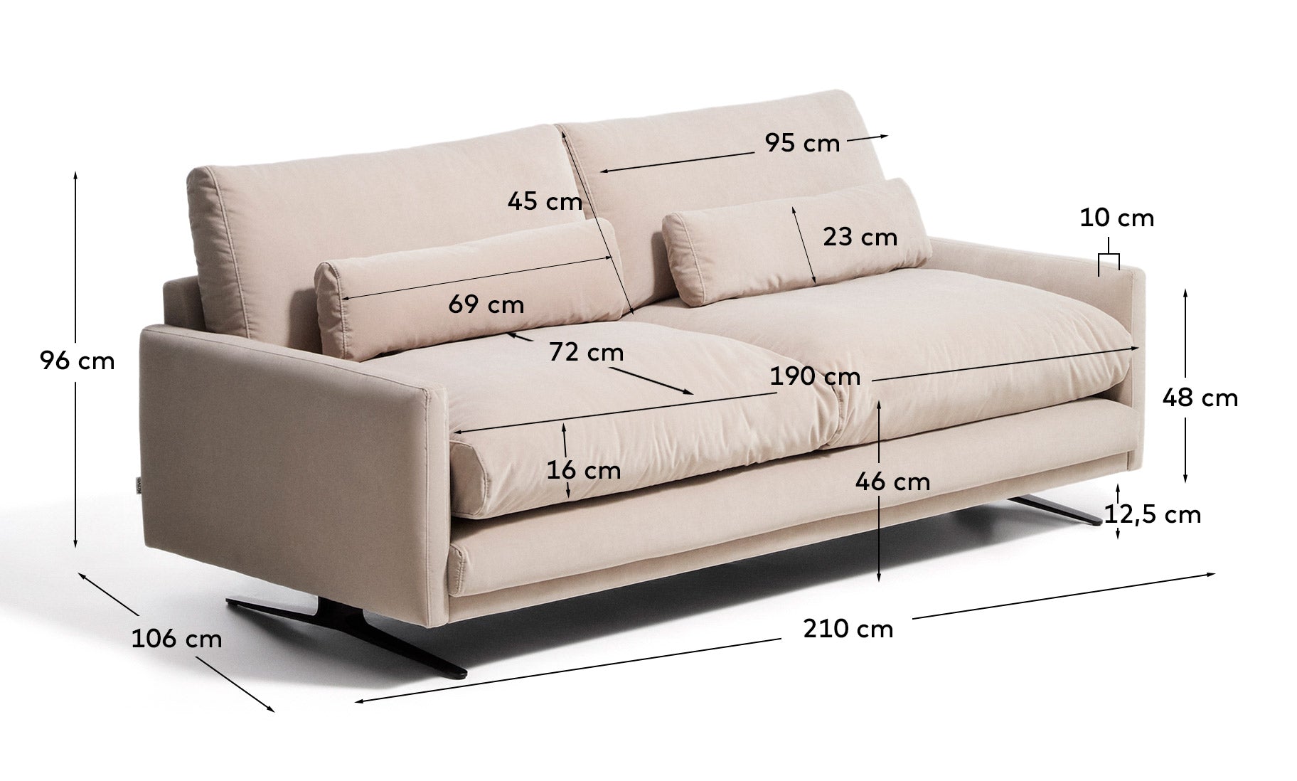 2-Sitzer-Sofa Veliro, schwer entflammbar, mit perlweissem Samt und Stahlbeinen mit schwarzem Finish, 210 cm, FSC Mix Credit in Perle präsentiert im Onlineshop von KAQTU Design AG. 2er Sofa ist von Kave Home
